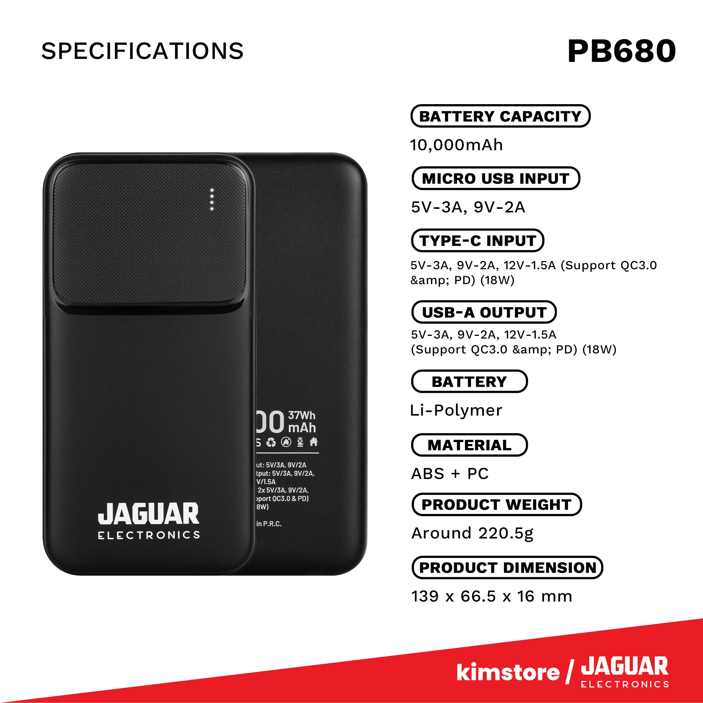 [OPEN BOX] Jaguar Electronics PB680 V2 10000mAh Power Bank 18W PD/QC 3.0 Fast Charging Type-C