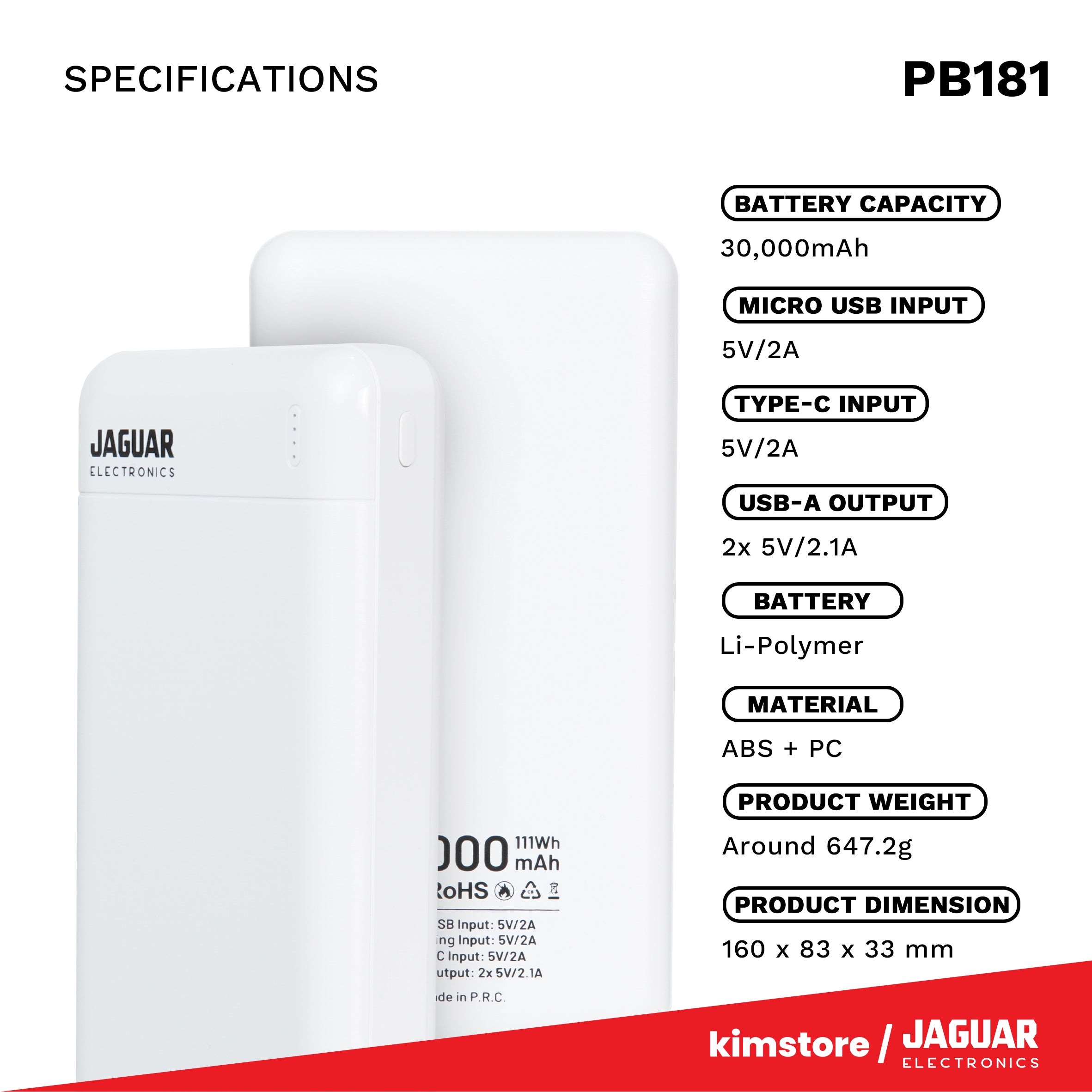 [OPEN BOX] Jaguar Electronics PB181 V2 30000mAh Power Bank Dual USB Output