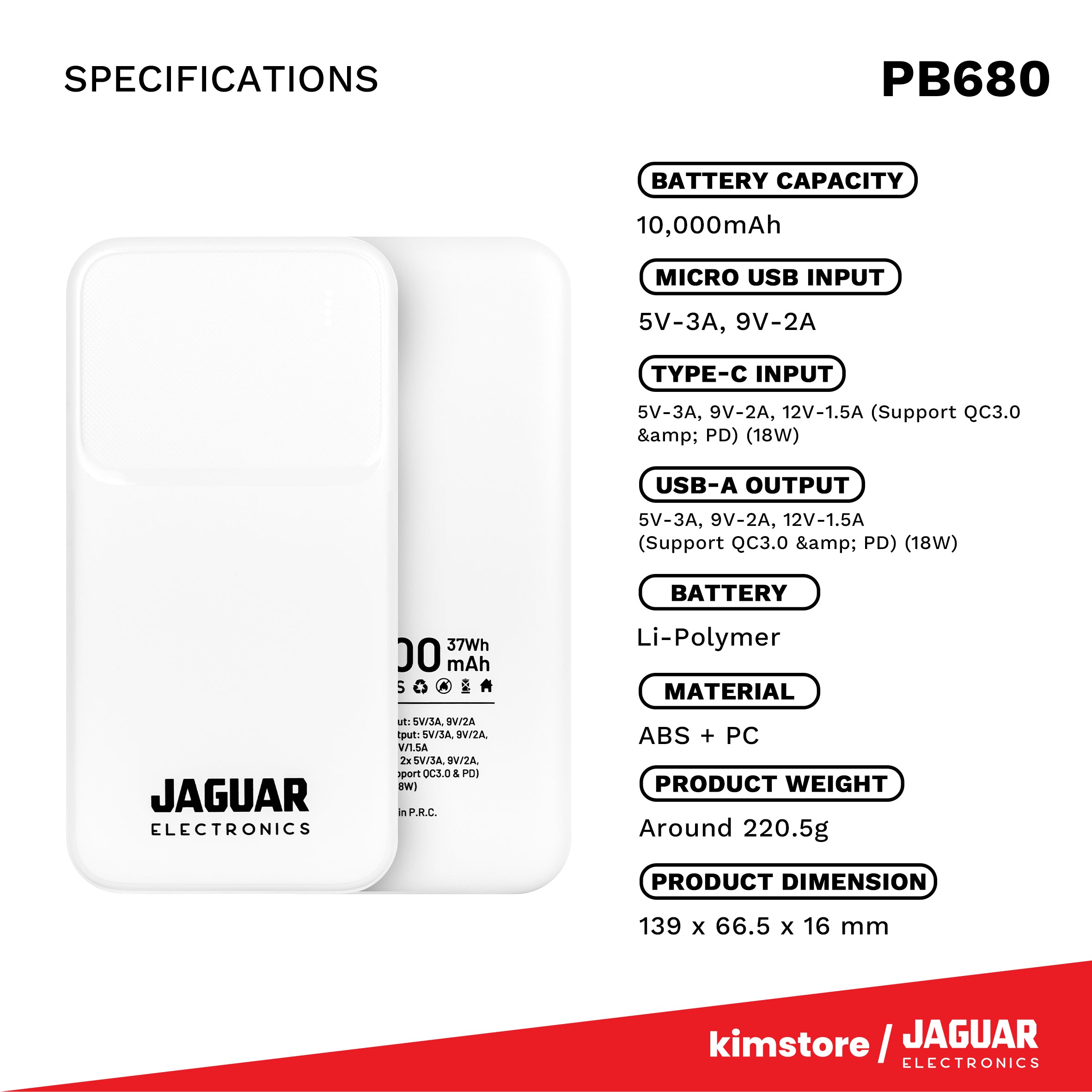 [OPEN BOX] Jaguar Electronics PB680 V2 10000mAh Power Bank 18W PD/QC 3.0 Fast Charging Type-C