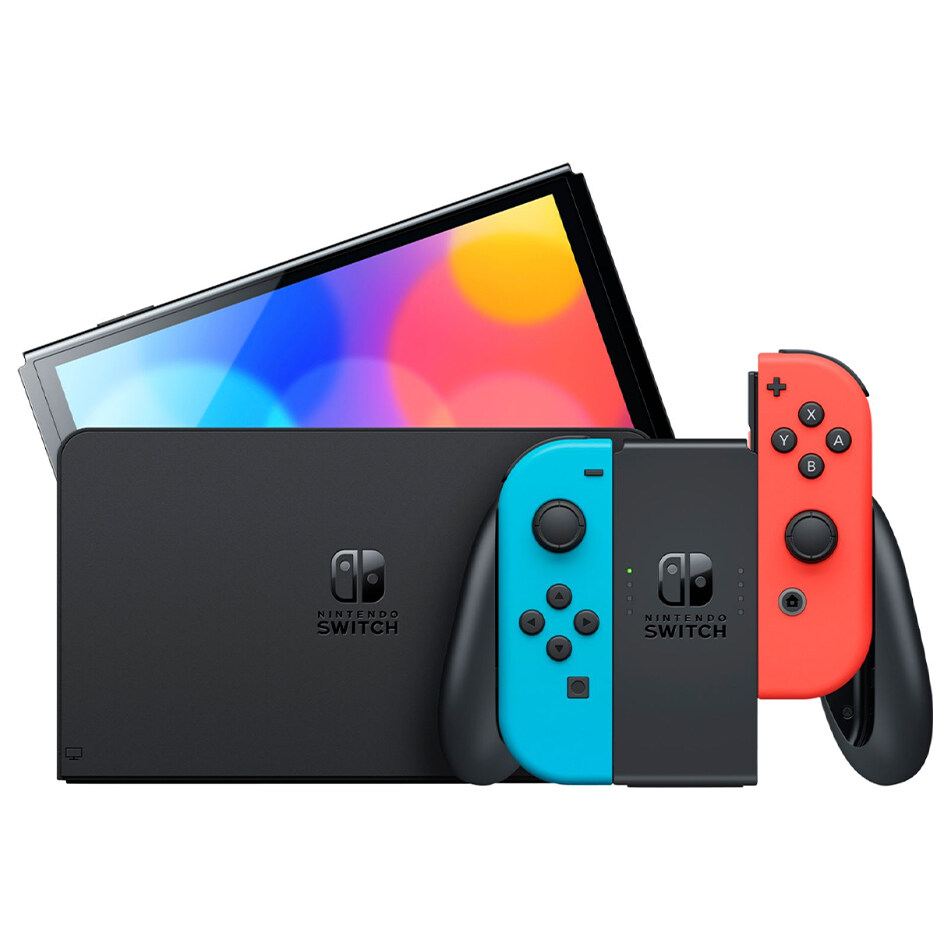 NINTENDO Switch OLED 64GB (Red/Blue) w/ MicroSD and UV Bag