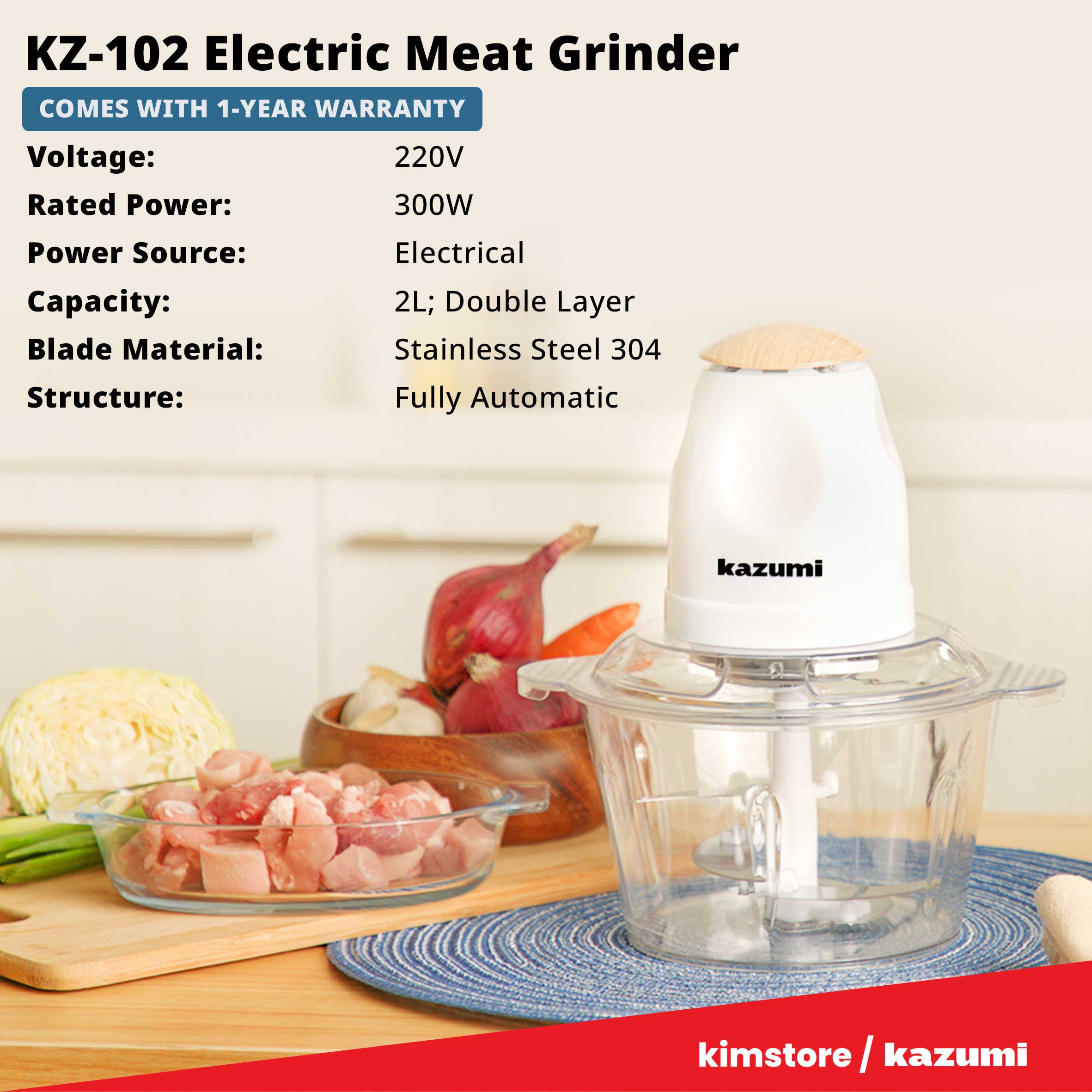 [OPEN BOX] Kazumi KZ-102 Electric Meat Grinder 2L 300W - Alabaster White