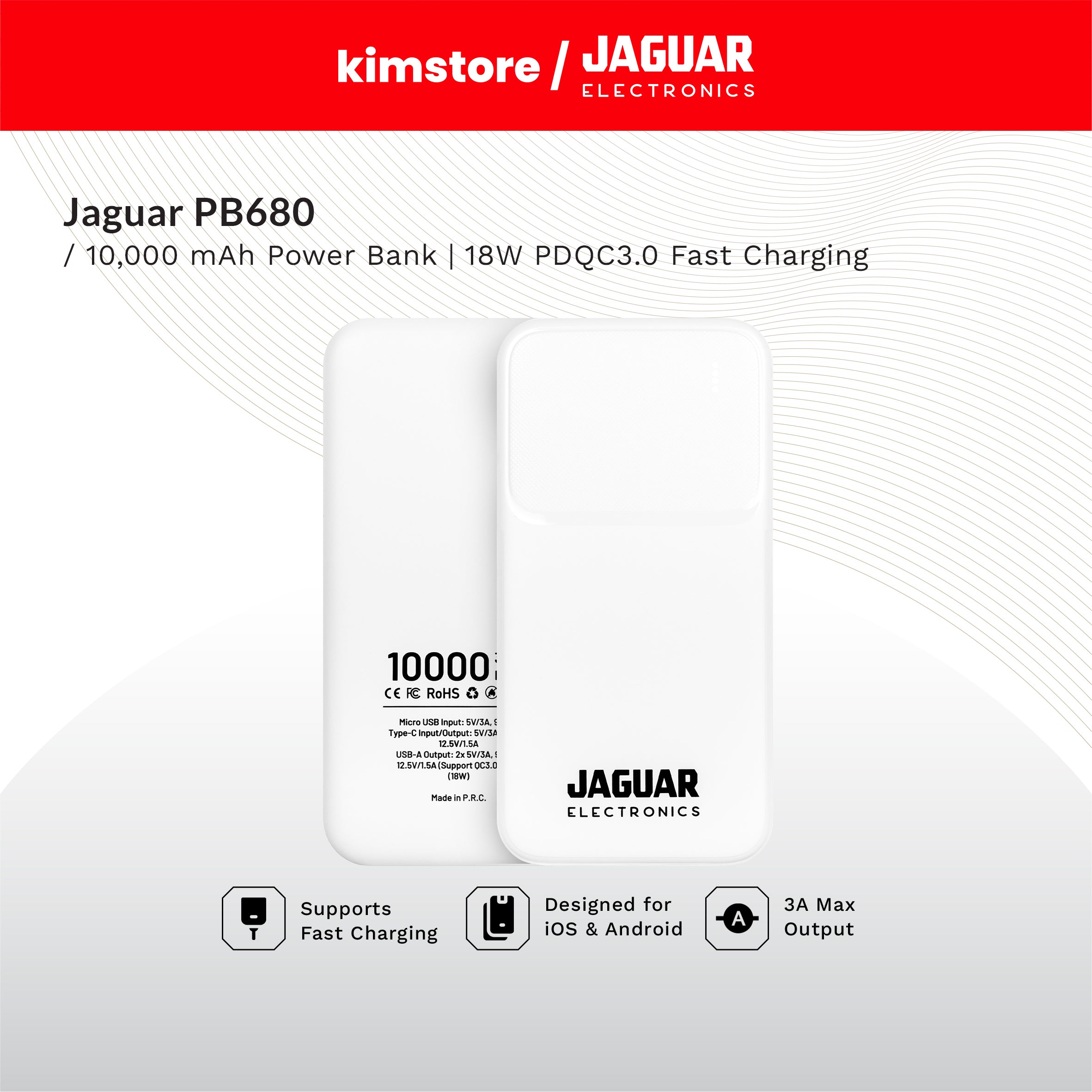 [OPEN BOX] Jaguar Electronics PB680 V2 10000mAh Power Bank 18W PD/QC 3.0 Fast Charging Type-C