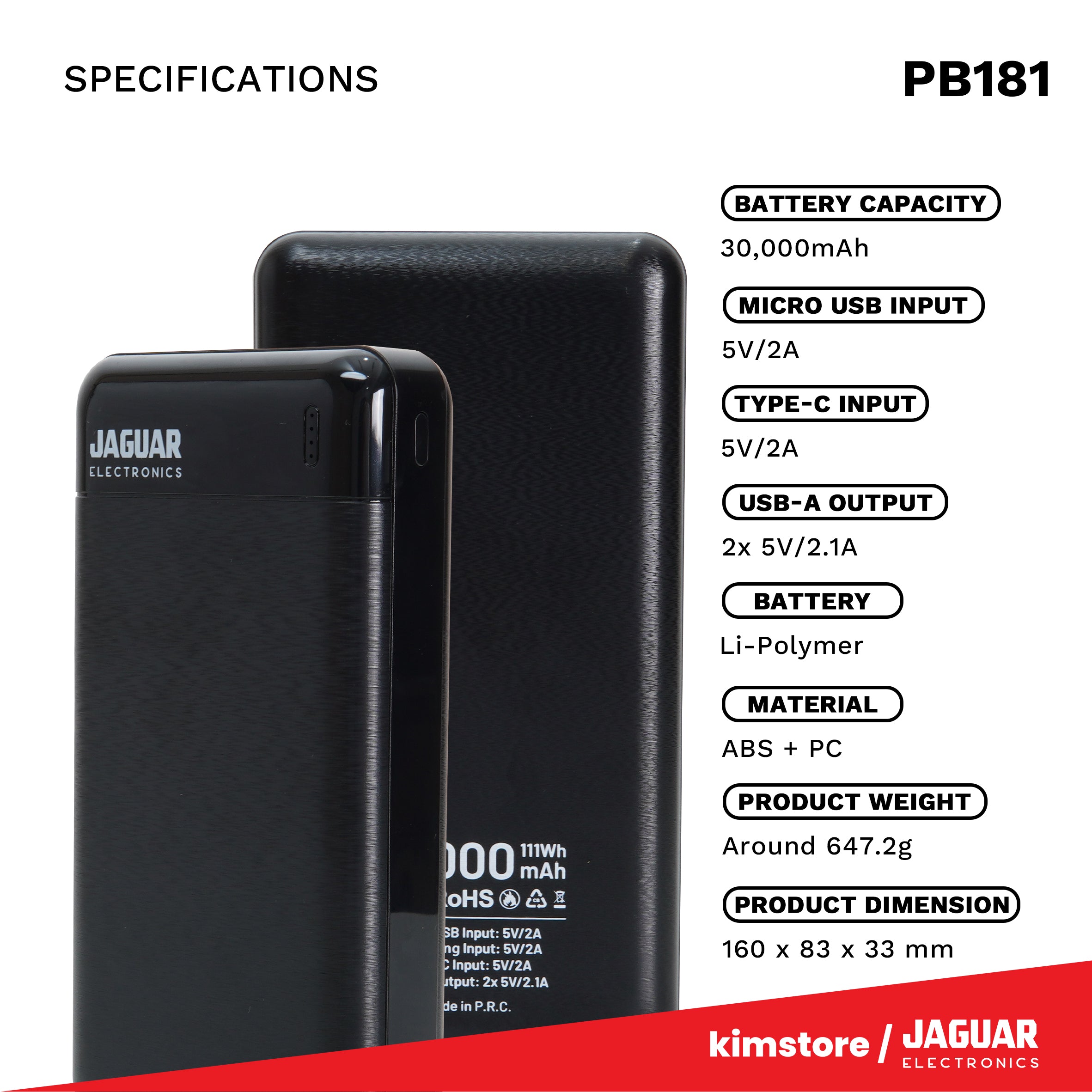 [OPEN BOX] Jaguar Electronics PB181 V2 30000mAh Power Bank Dual USB Output