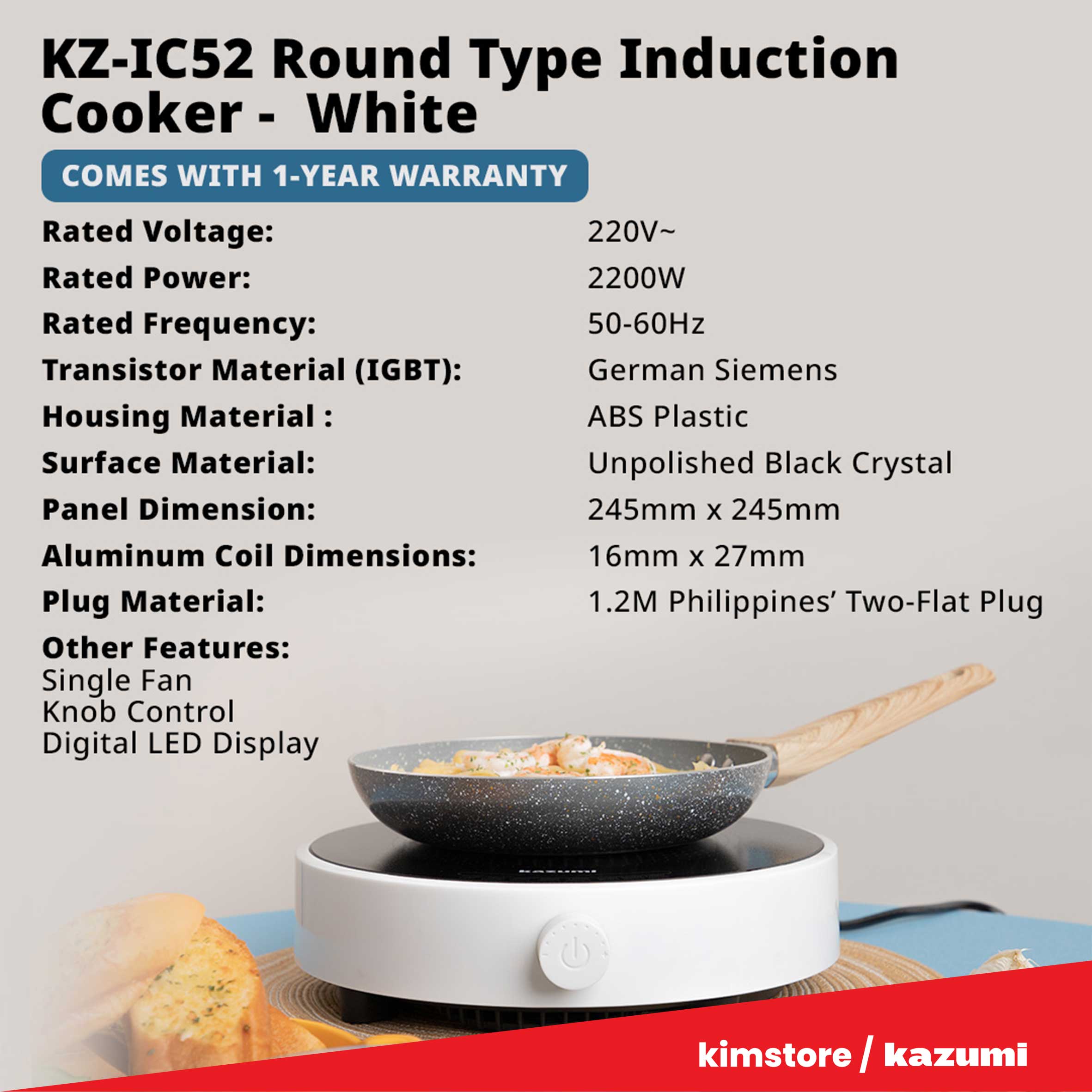 [OPEN BOX] Kazumi KZ-IC52 Knob Type Electric Round Induction Cooker 2200W