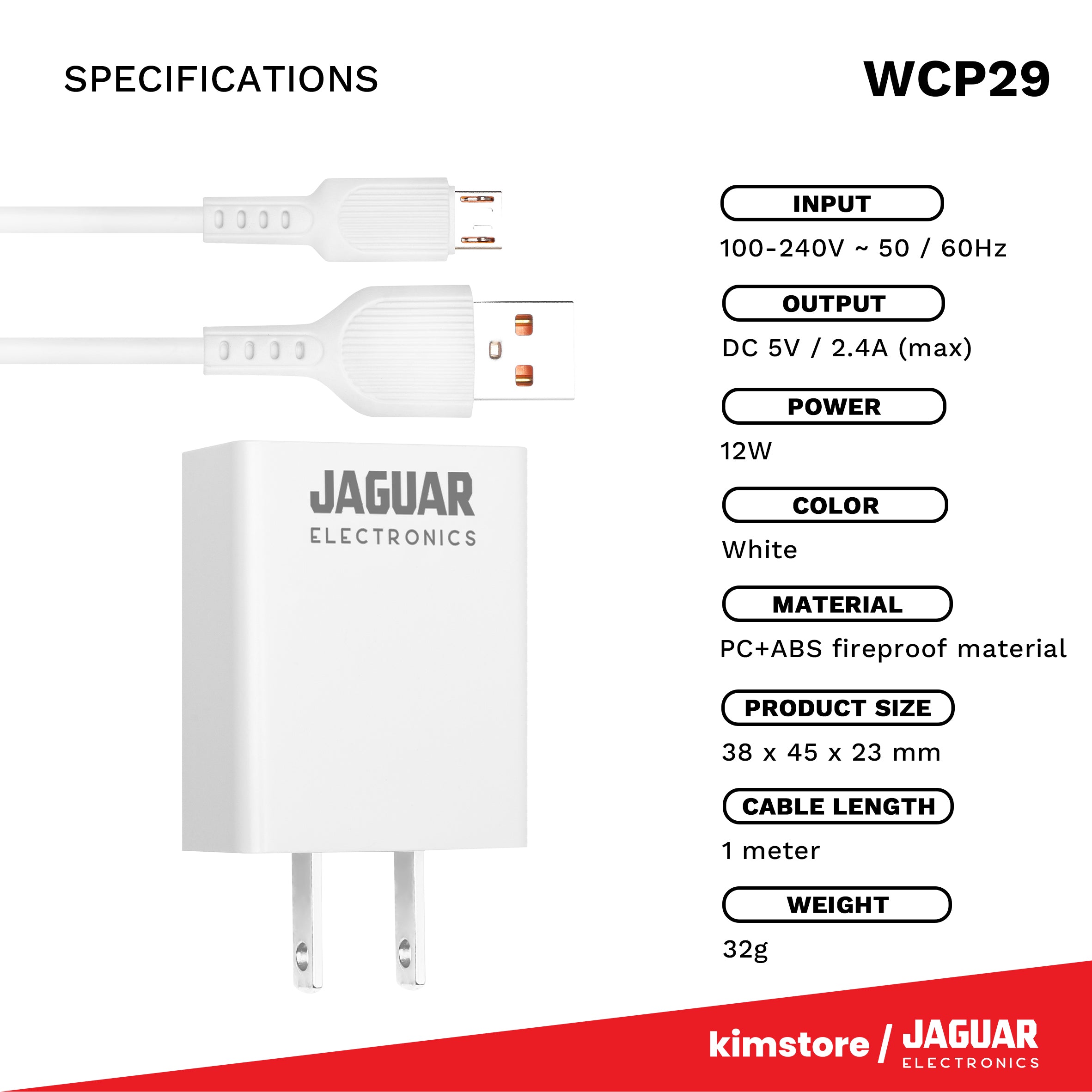 [OPEN BOX] Jaguar Electronics WCP29 2.4A Wall Charger with Charging Cable - white