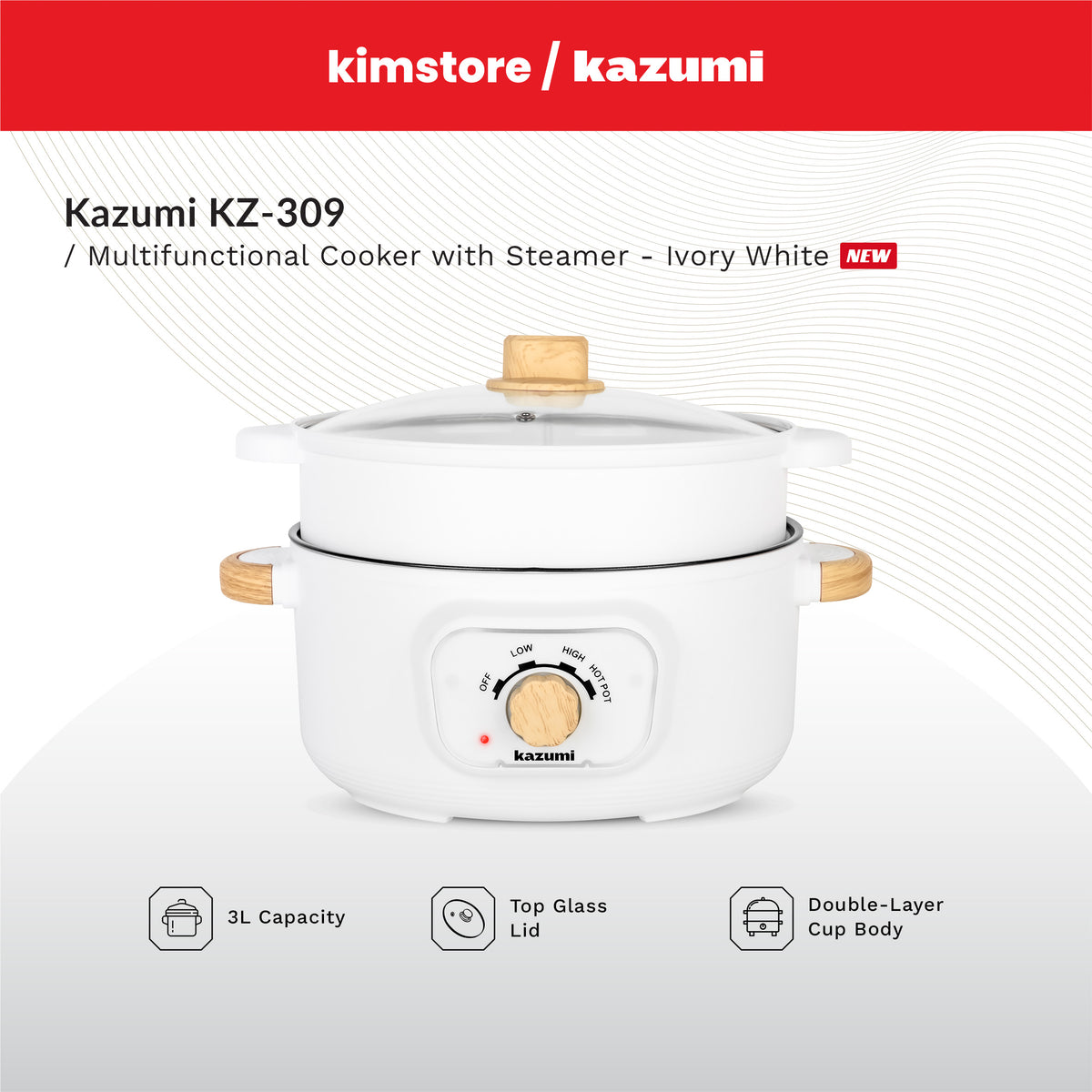 [OPEN BOX] Kazumi KZ-309 3.0L Multifunctional Non-Stick Electric Cooker with Steamer - White