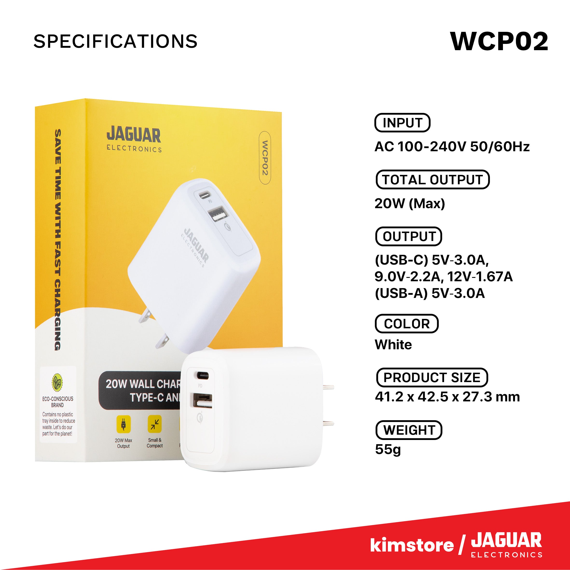 [OPEN BOX] Jaguar Electronics WCP02 Wall Charger 20W Quick Charge Type-C and USB-A Ports - White