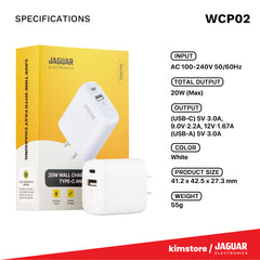 [OPEN BOX] Jaguar Electronics WCP02 Wall Charger 20W Quick Charge Type-C and USB-A Ports - White