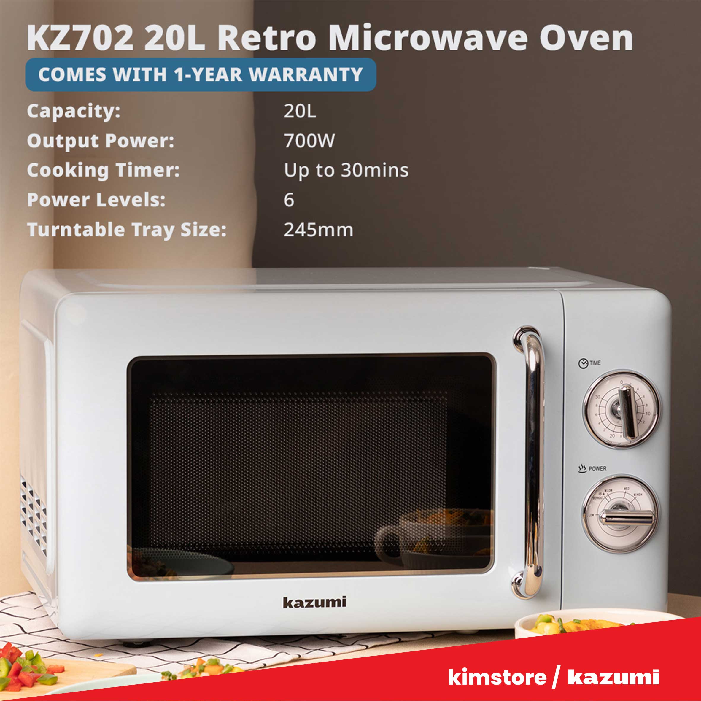 [OPEN BOX] Kazumi KZ-702 20L Retro Microwave Oven - Classic Cream