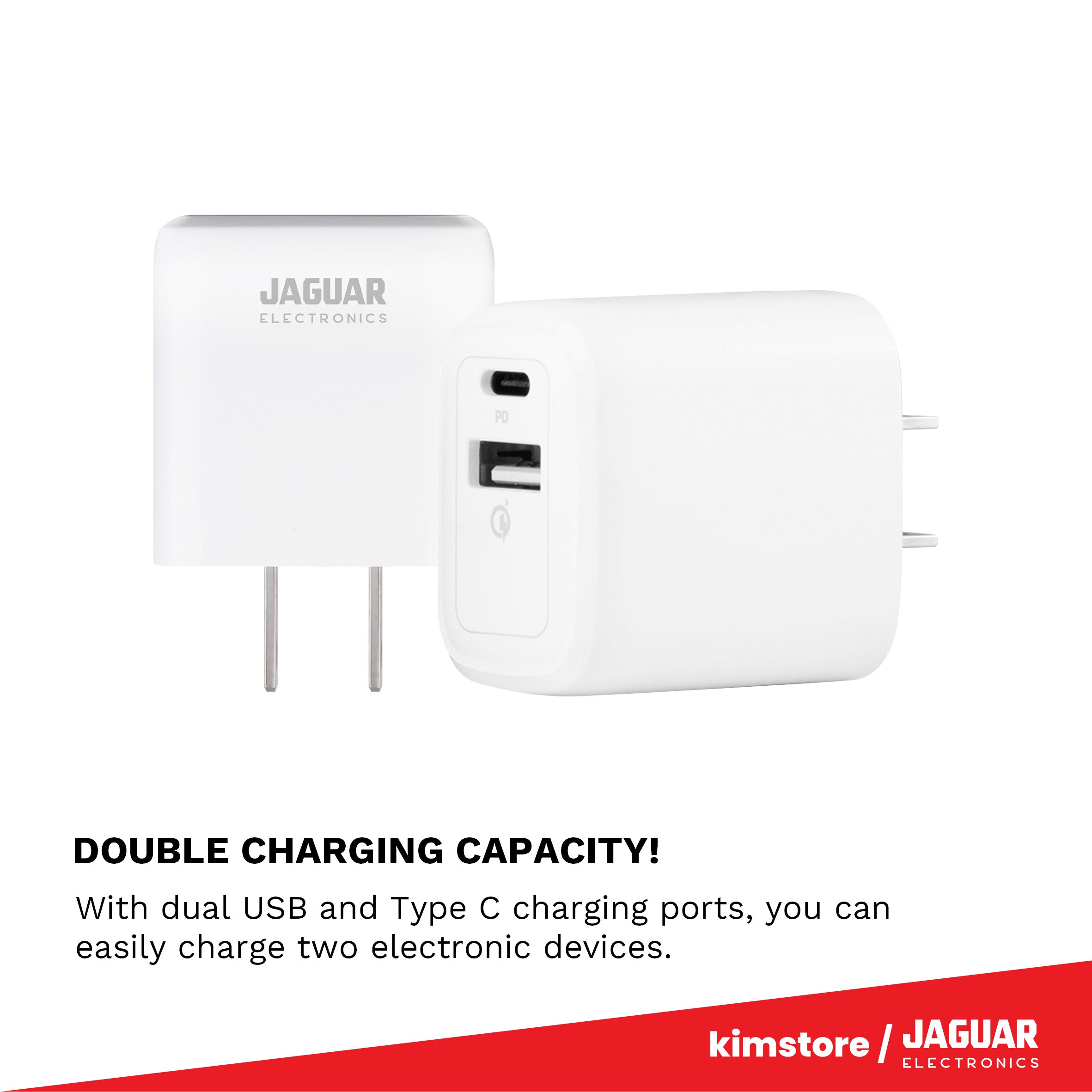 [OPEN BOX] Jaguar Electronics WCP02 Wall Charger 20W Quick Charge Type-C and USB-A Ports - White