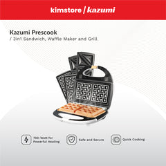 [OPEN BOX] Kazumi Prescook 3-in-1 Sandwich, Waffle Maker and Grill - White