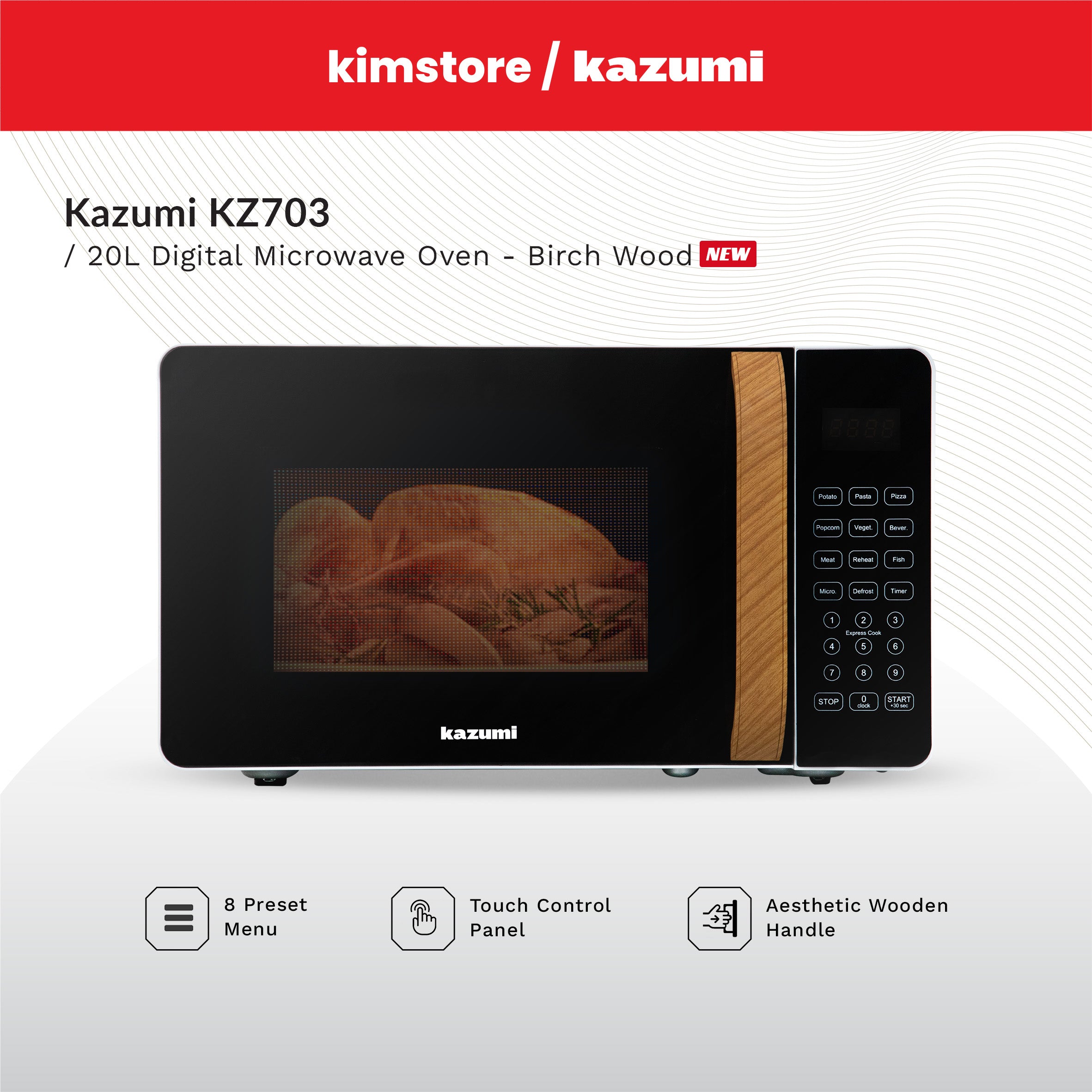 [OPEN BOX] Kazumi KZ-703 20L Digital Microwave Oven - Birch Wood