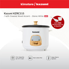 [OPEN BOX] Kazumi KZ-RC115 1.5L Rice Cooker with Coastal Wood Accent -  Stone White