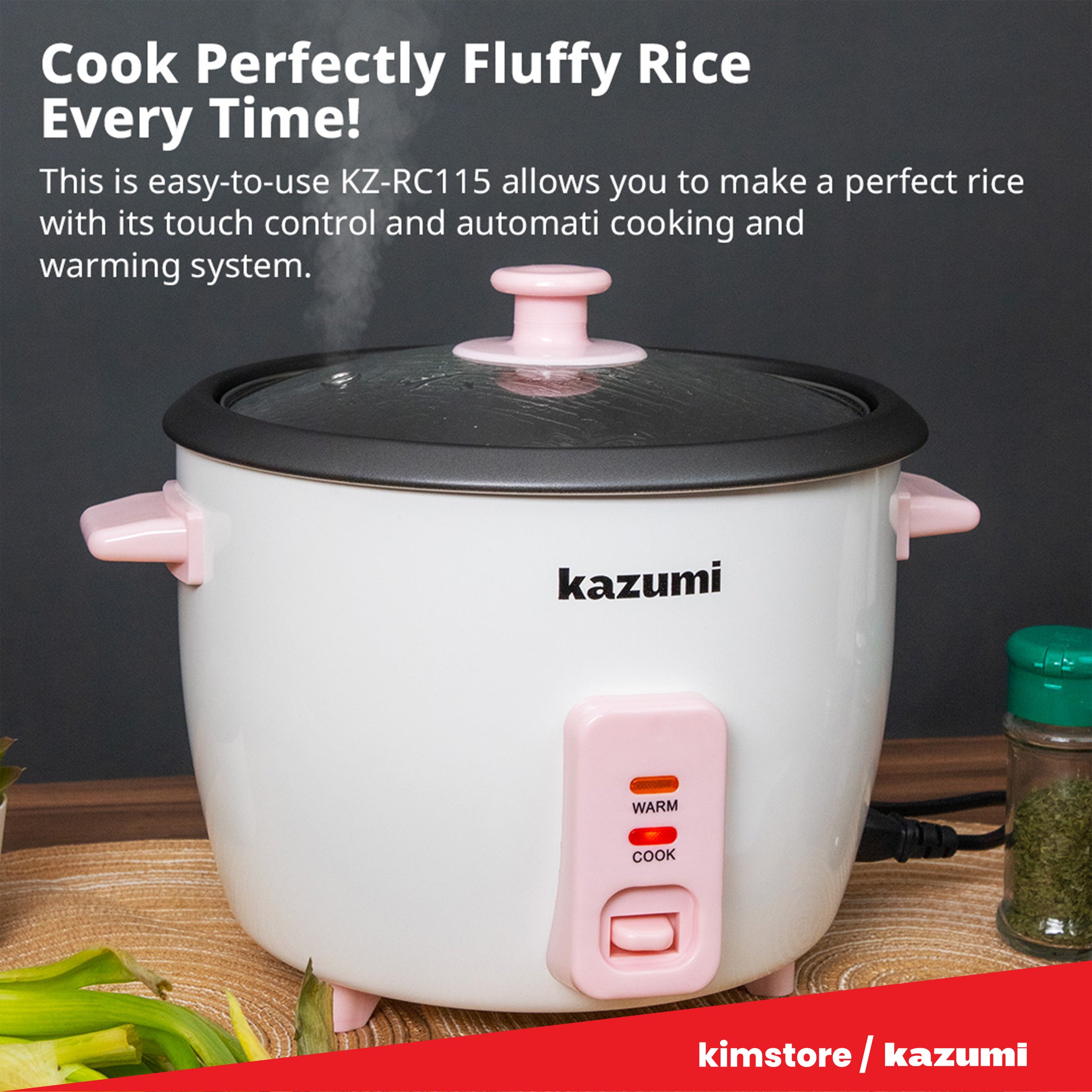 [OPEN BOX] Kazumi KZ-RC115 1.5L Rice Cooker with Coastal Wood Accent -  Stone White