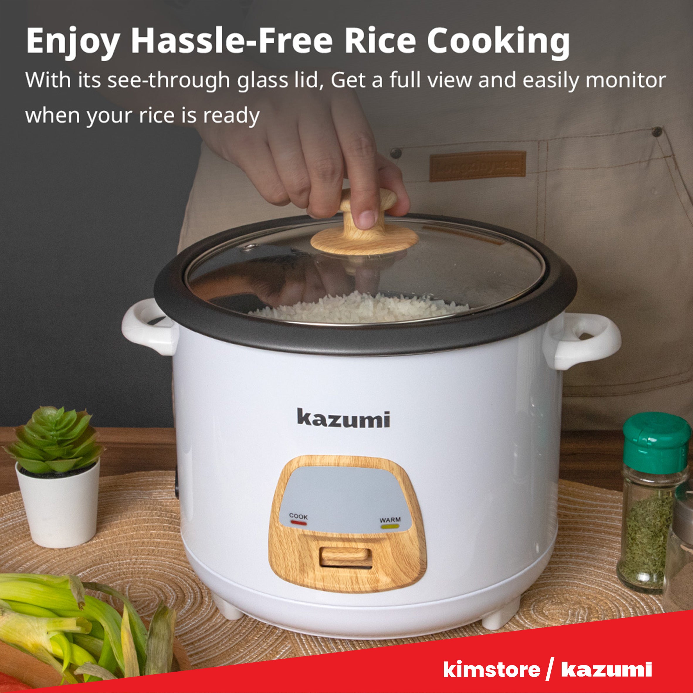 [OPEN BOX] Kazumi KZ-RC115 1.5L Rice Cooker with Coastal Wood Accent -  Stone White