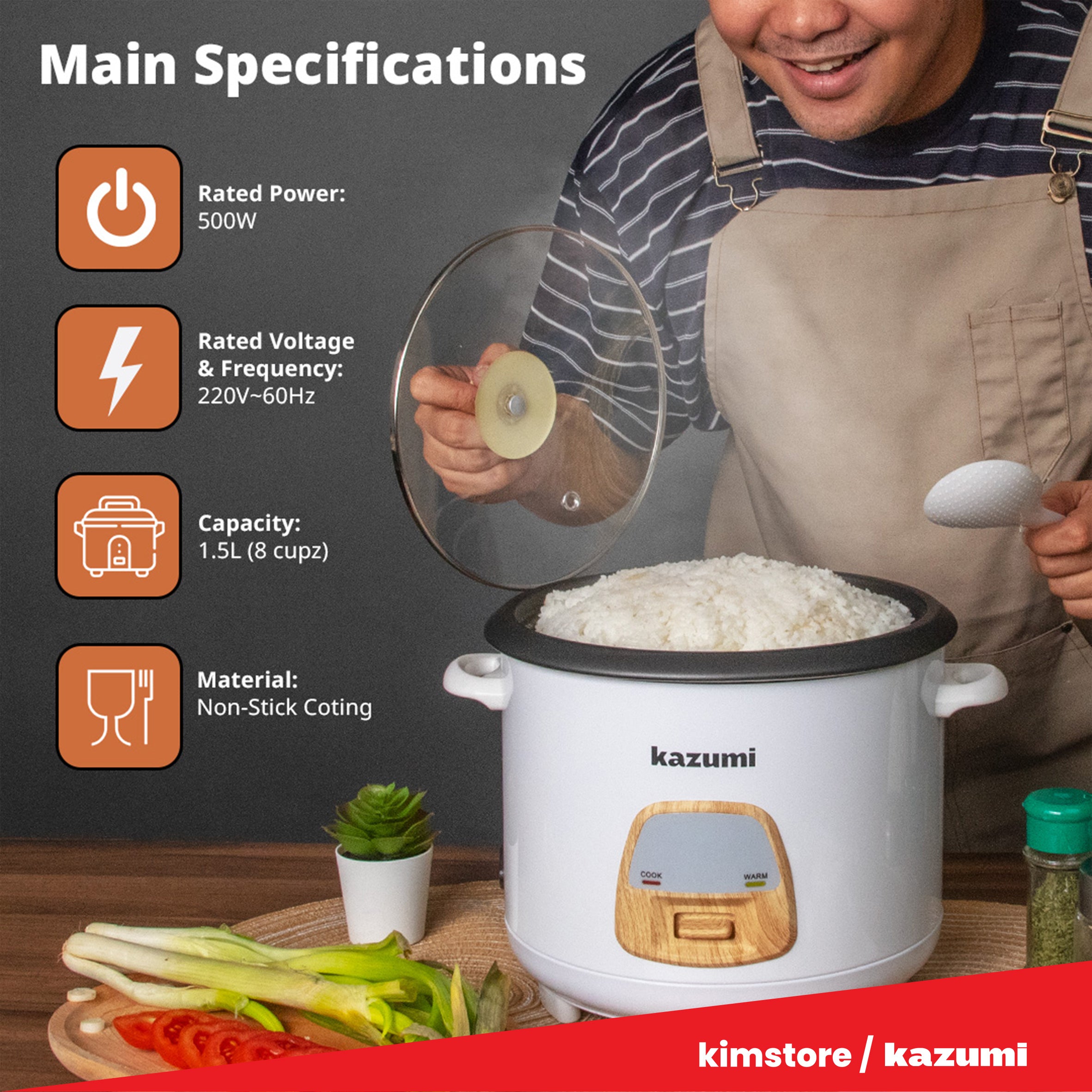 [OPEN BOX] Kazumi KZ-RC115 1.5L Rice Cooker with Coastal Wood Accent -  Stone White