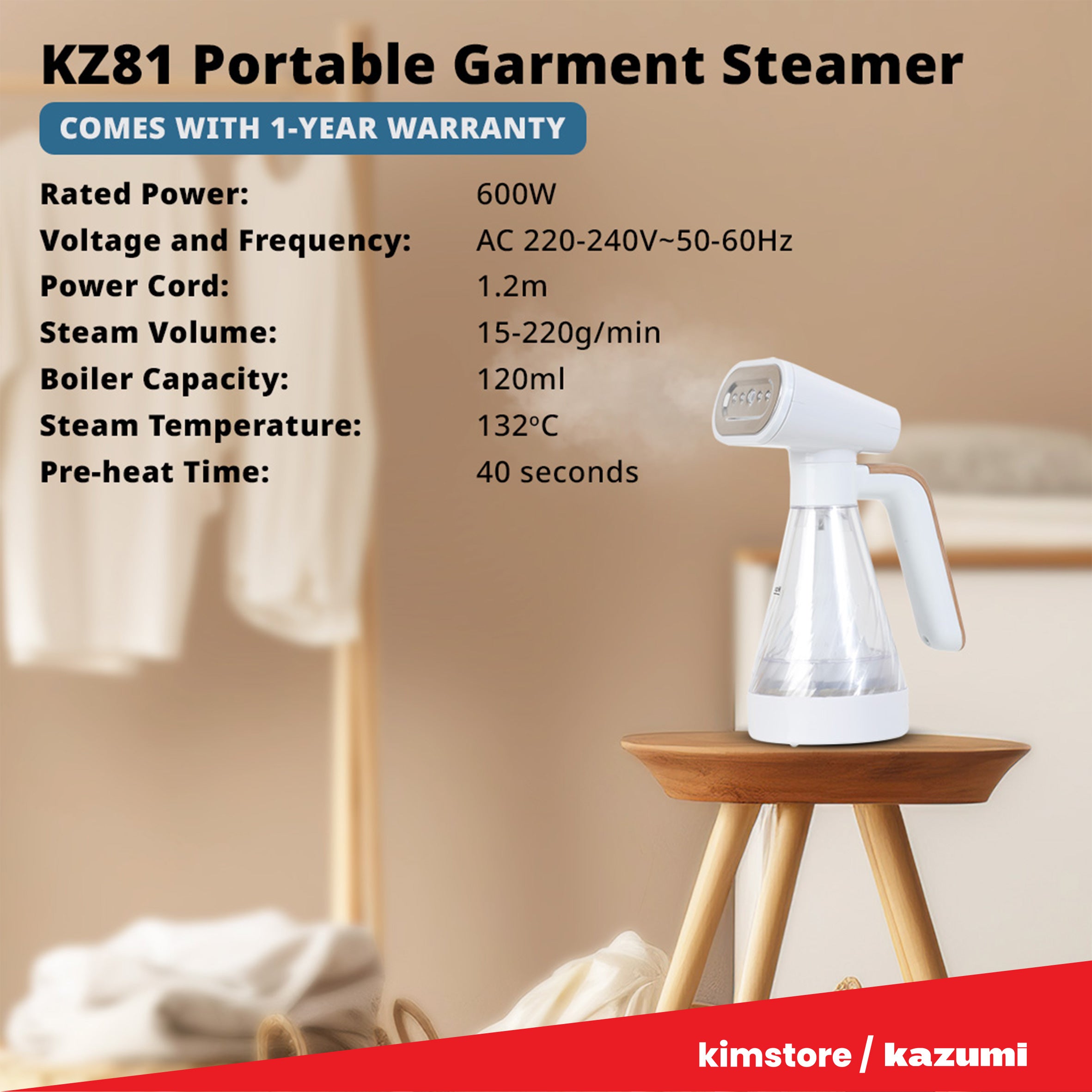 [OPEN BOX] Kazumi KZ81 Portable Garment Steamer - White