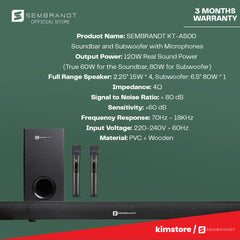 [OPEN BOX] Sembrandt KT-A500 Soundbar and Subwoofer with Wireless Microphones