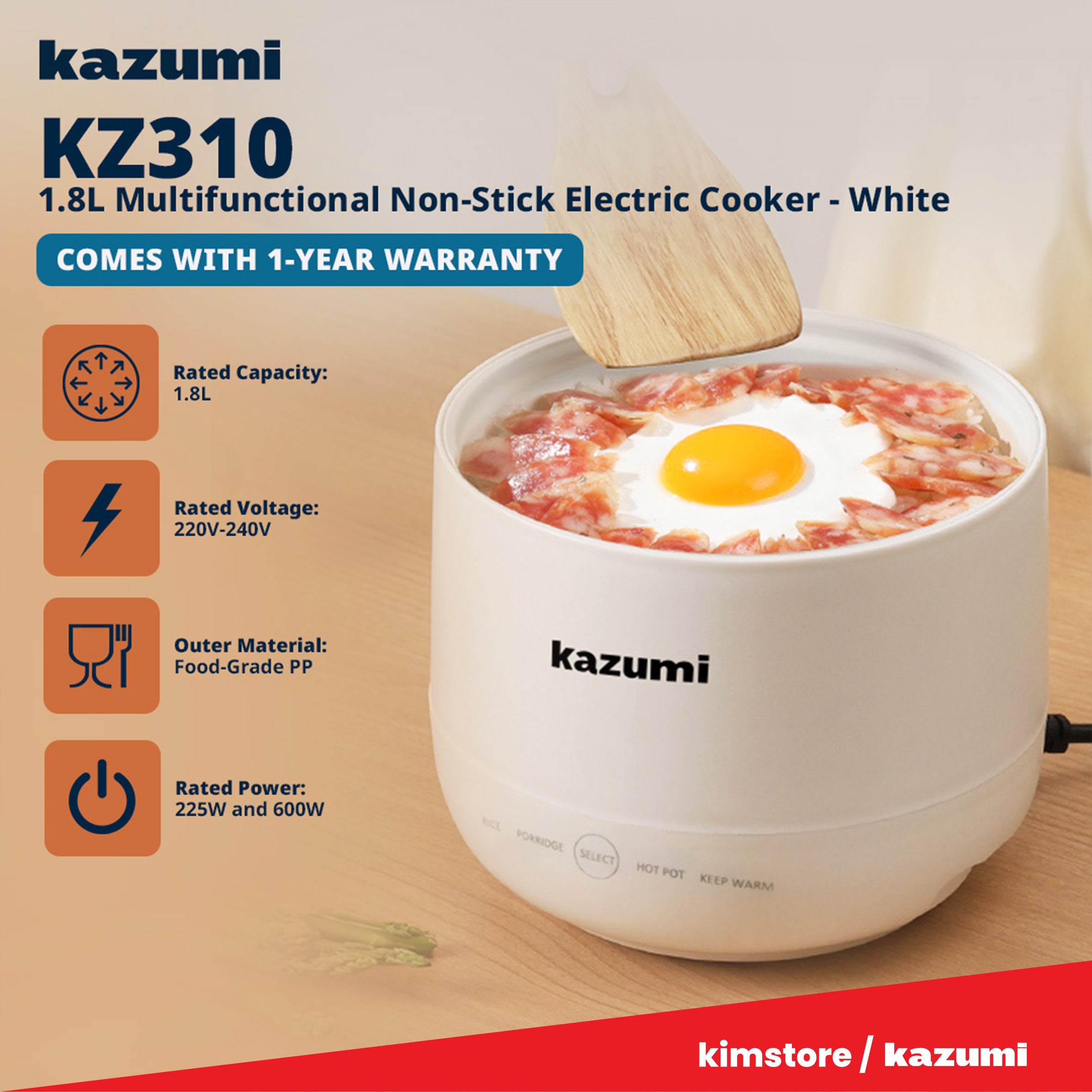 [OPEN BOX] Kazumi KZ-310 1.8L Multifunctional Non-Stick Electric Cooker - White