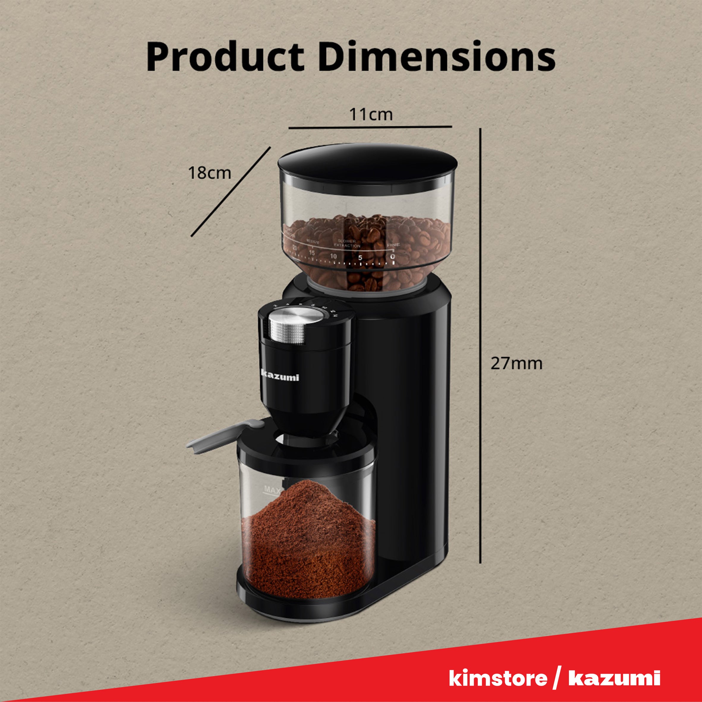 [OPEN BOX] Kazumi KZ-803 GrindMaster SS Conical Burr Coffee Grinder - Black