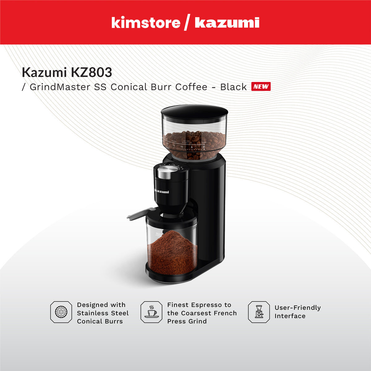 [OPEN BOX] Kazumi KZ-803 GrindMaster SS Conical Burr Coffee Grinder - Black