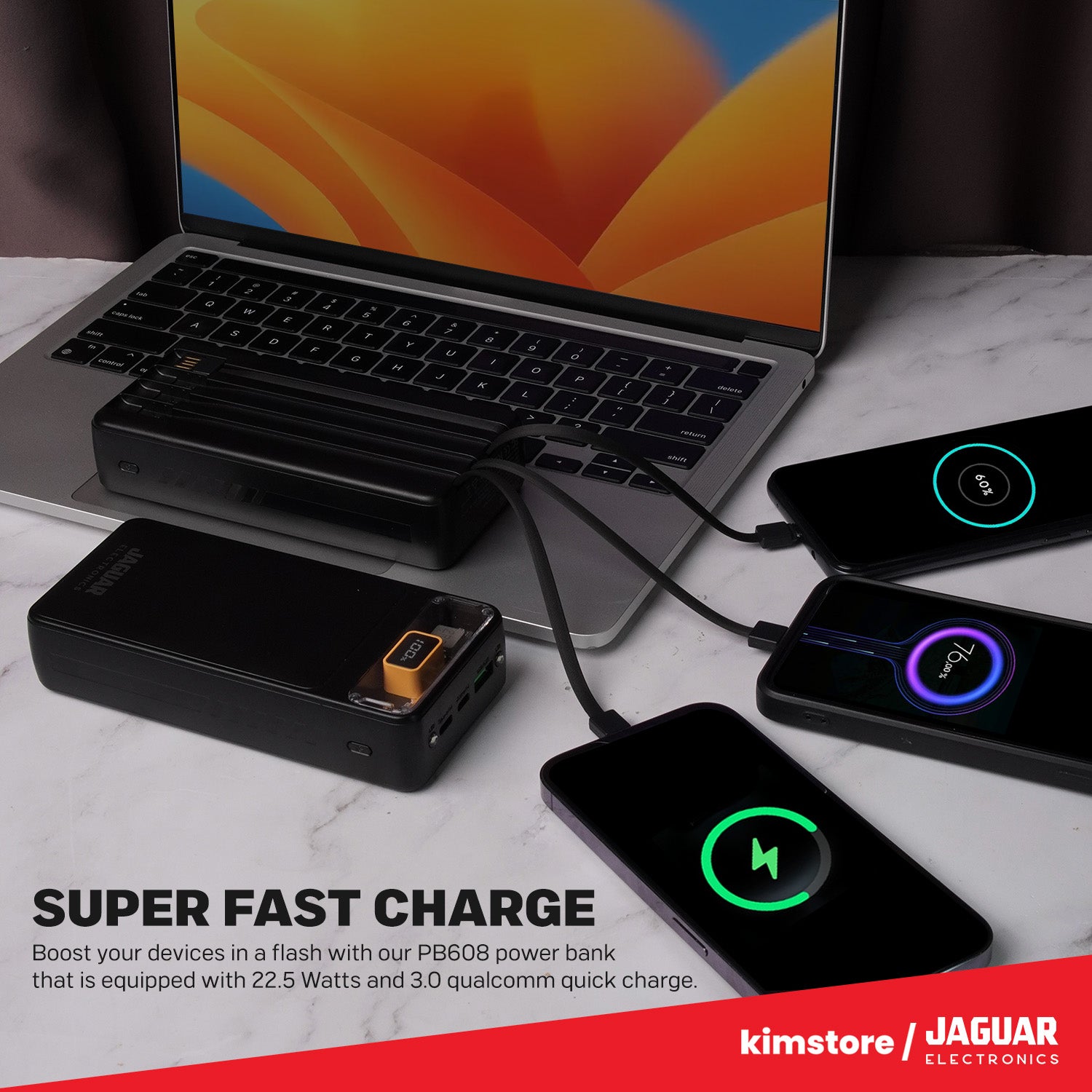 Jaguar Electronics PB608 20000mAh 22.5W PD/QC 3.0 Fast Charging Power Bank With Built-in Cables