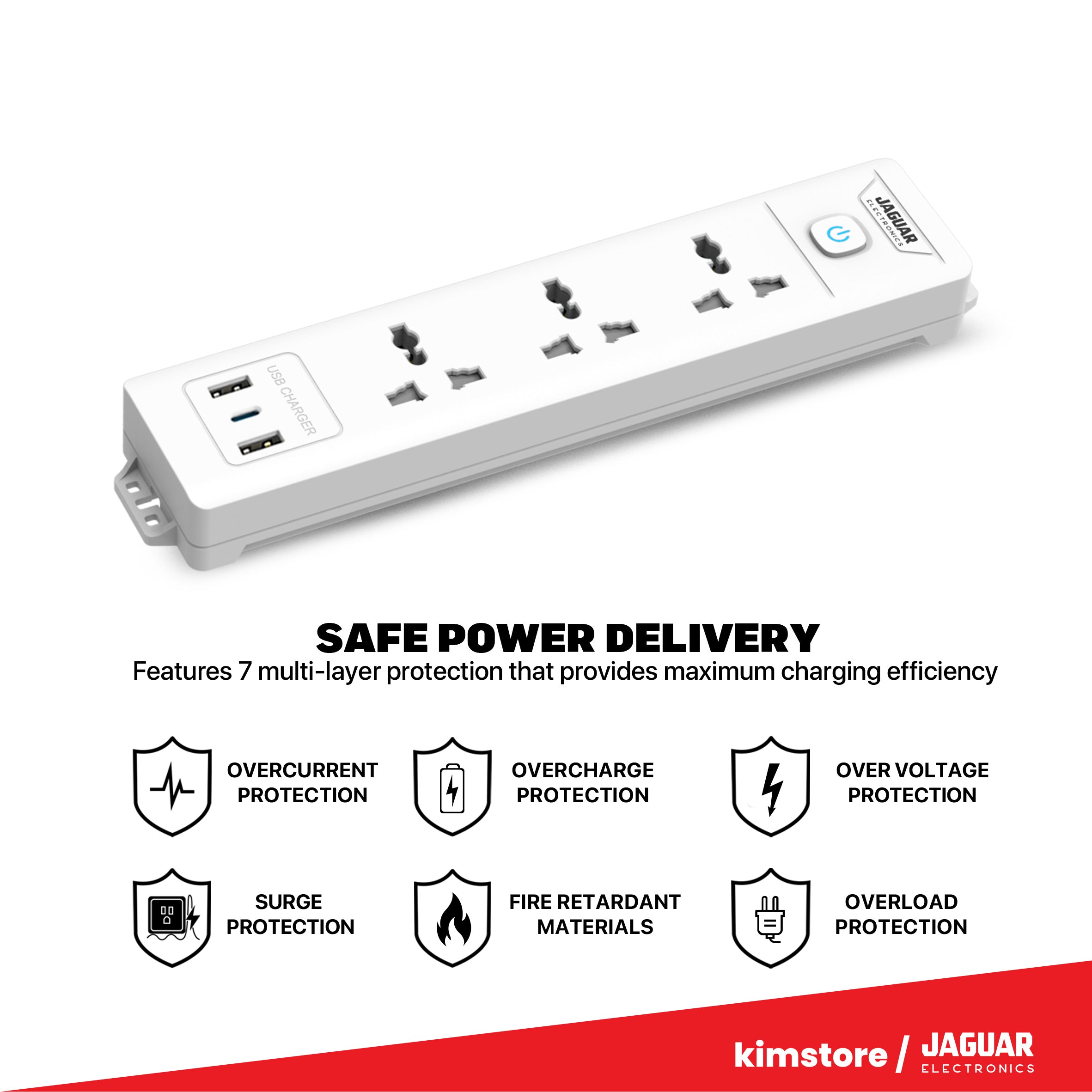 Jaguar Electronics Power Strip 3-Gang with 1 USB-C and 2 USB-A Ports