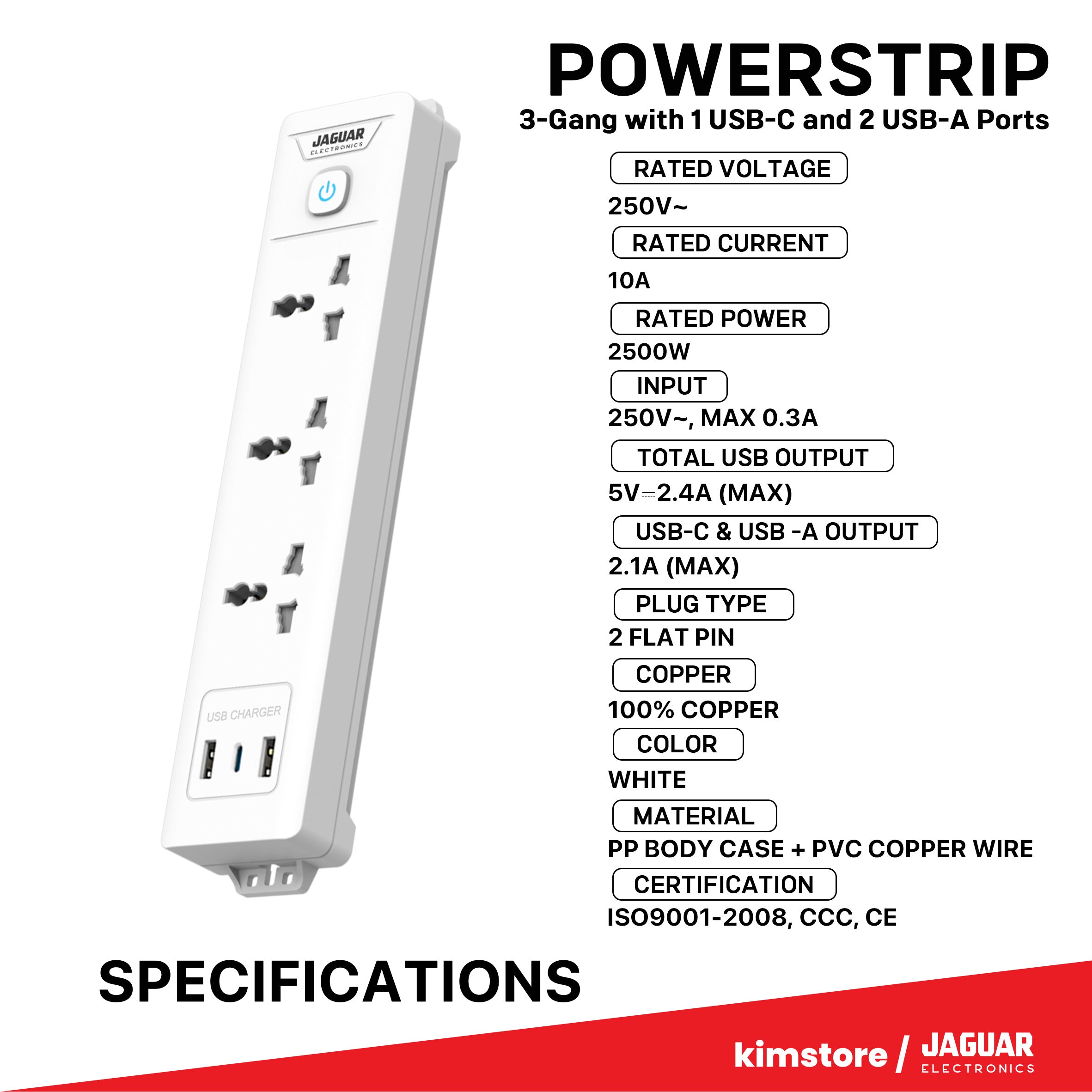 Jaguar Electronics Power Strip 3-Gang with 1 USB-C and 2 USB-A Ports