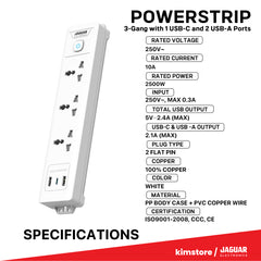 Jaguar Electronics Power Strip 3-Gang with 1 USB-C and 2 USB-A Ports