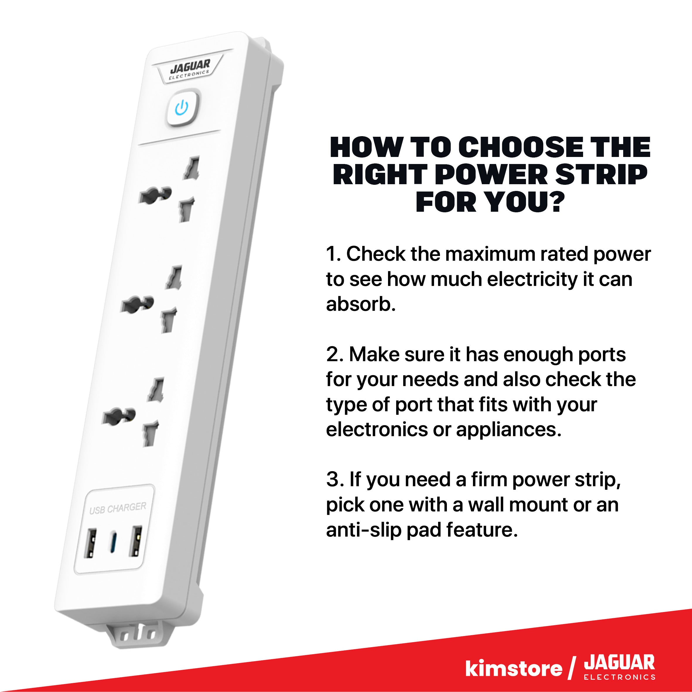 Jaguar Electronics Power Strip 3-Gang with 1 USB-C and 2 USB-A Ports