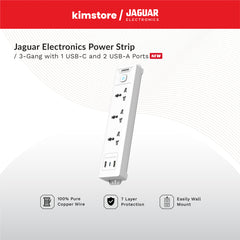 Jaguar Electronics Power Strip 3-Gang with 1 USB-C and 2 USB-A Ports