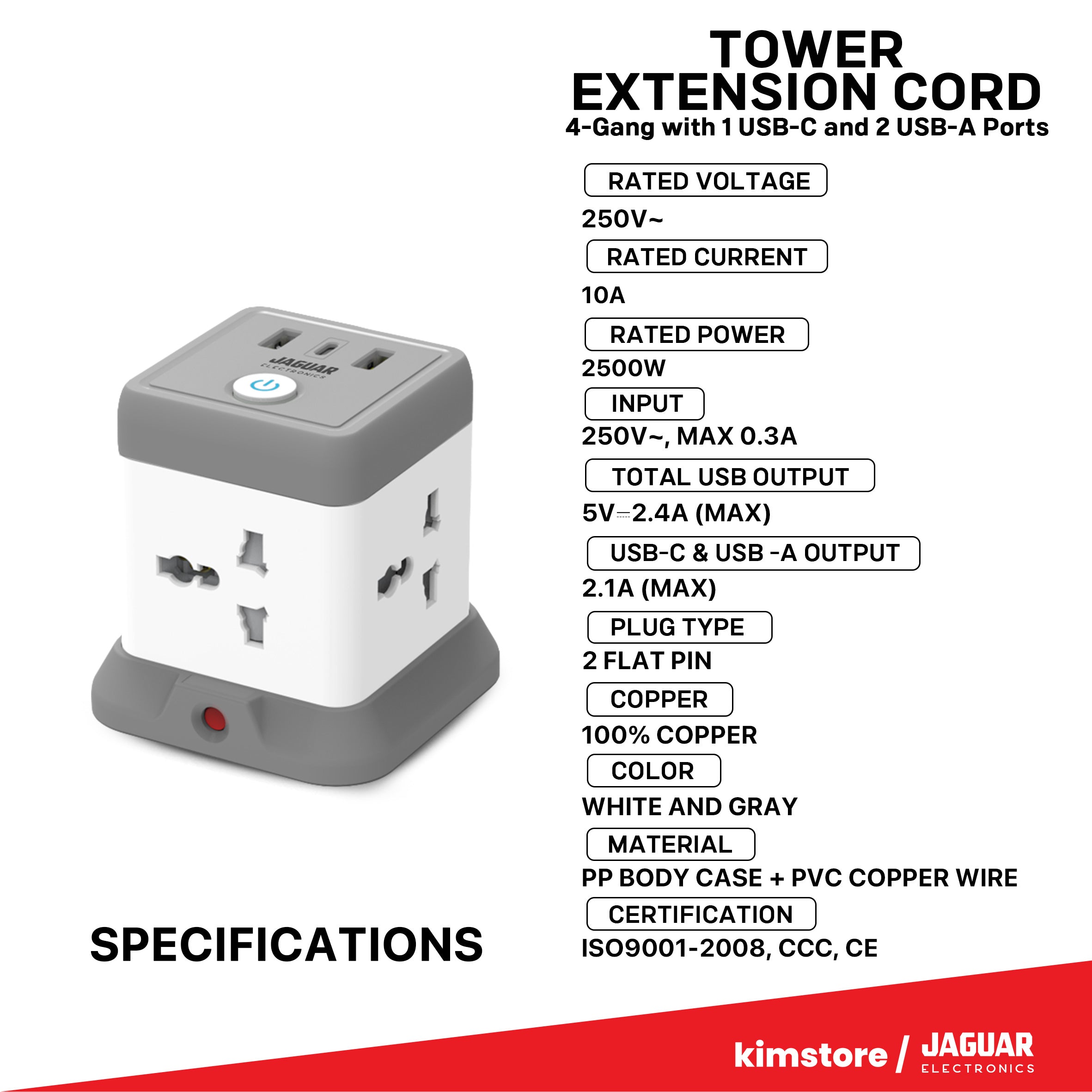 Jaguar Electronics Tower Extension Cord 4-Gang with 1 USB-C and 2 USB-A Ports