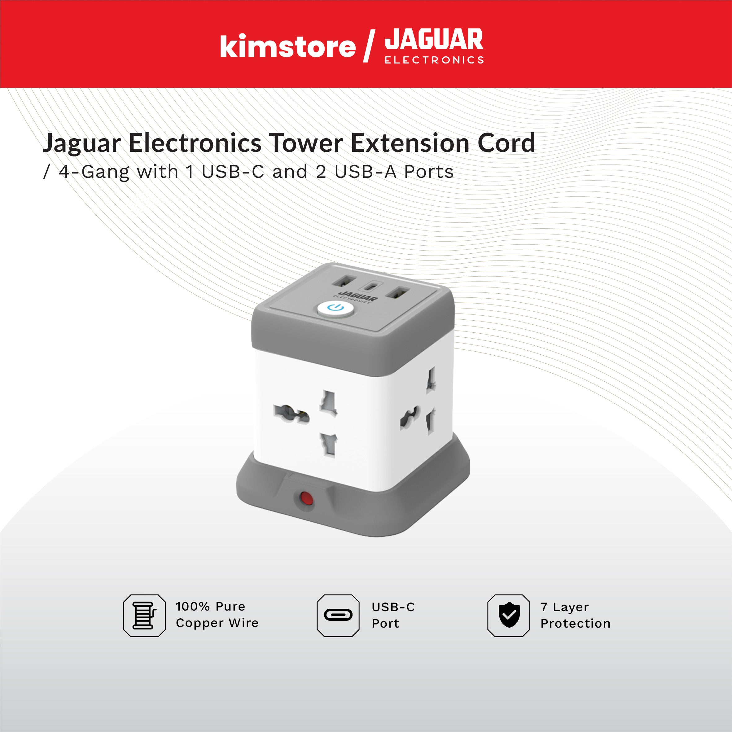 Jaguar Electronics Tower Extension Cord 4-Gang with 1 USB-C and 2 USB-A Ports