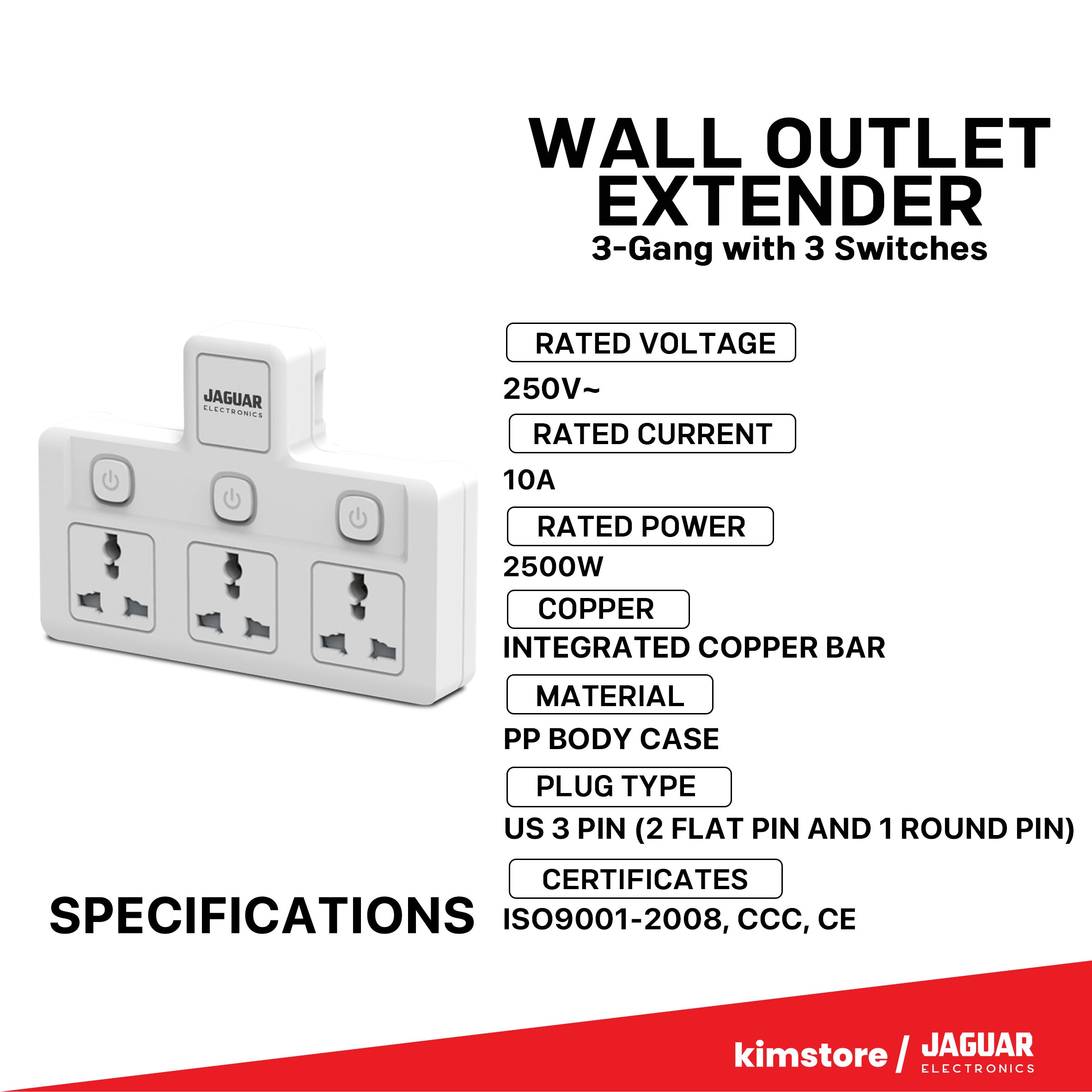 Jaguar Electronics Wall Outlet Extender 3-Gang with 3 Switches