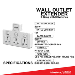 Jaguar Electronics Wall Outlet Extender 3-Gang with 3 Switches