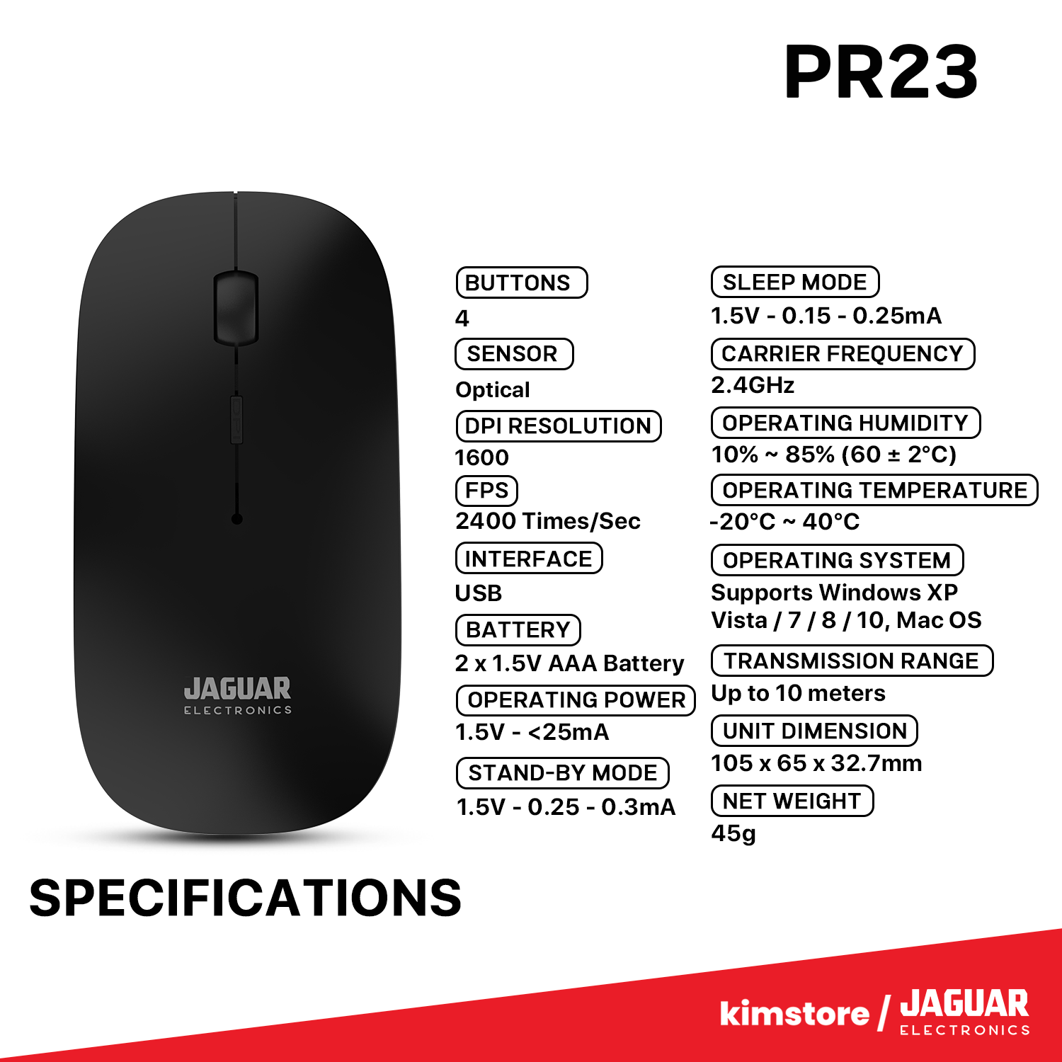 Jaguar Electronics PR23 Ultra Thin 2.4GHz Wireless Mouse