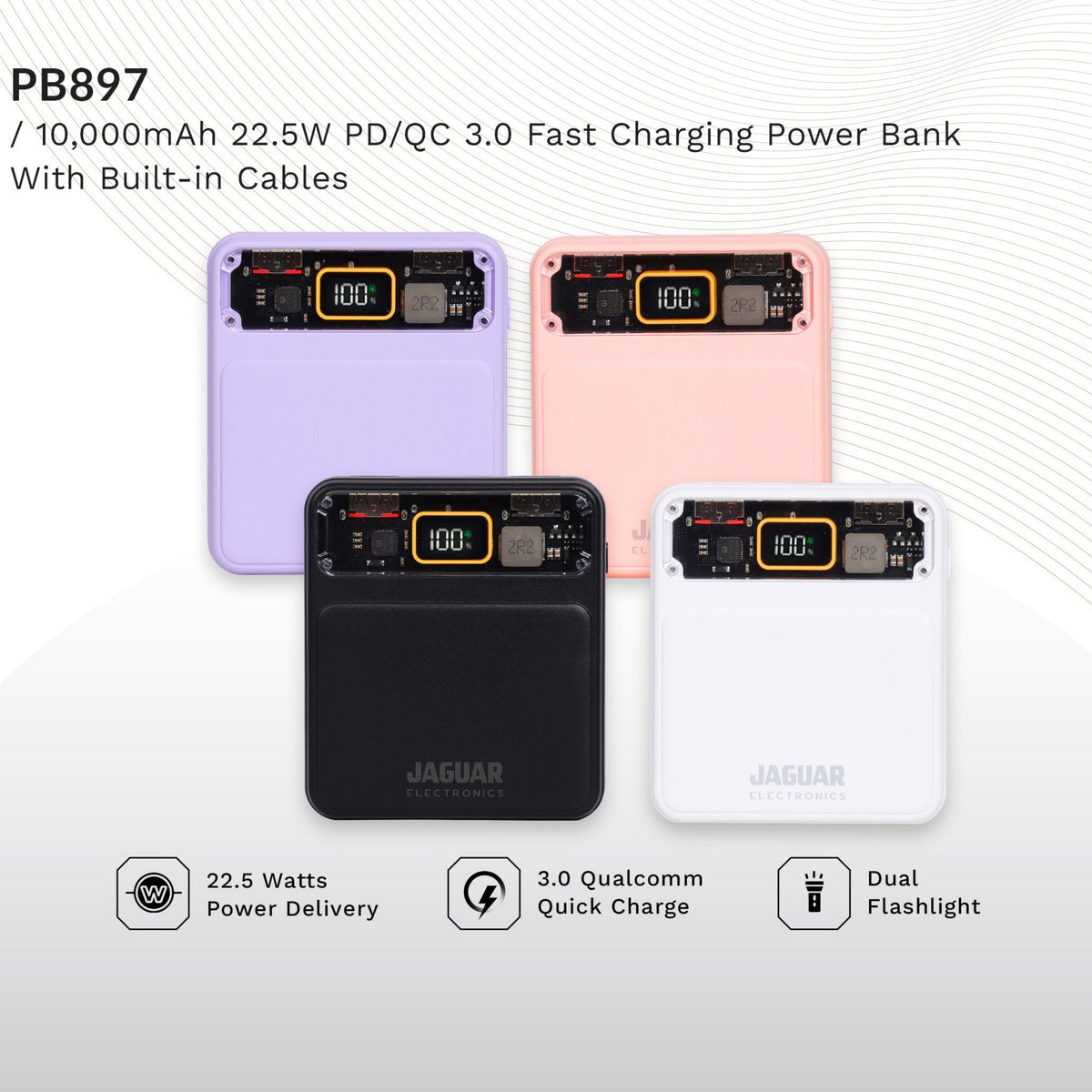 Jaguar Electronics PB897 10000mAh 22.5W PD/QC 3.0 Fast Charging Power Bank With Built-in Cables