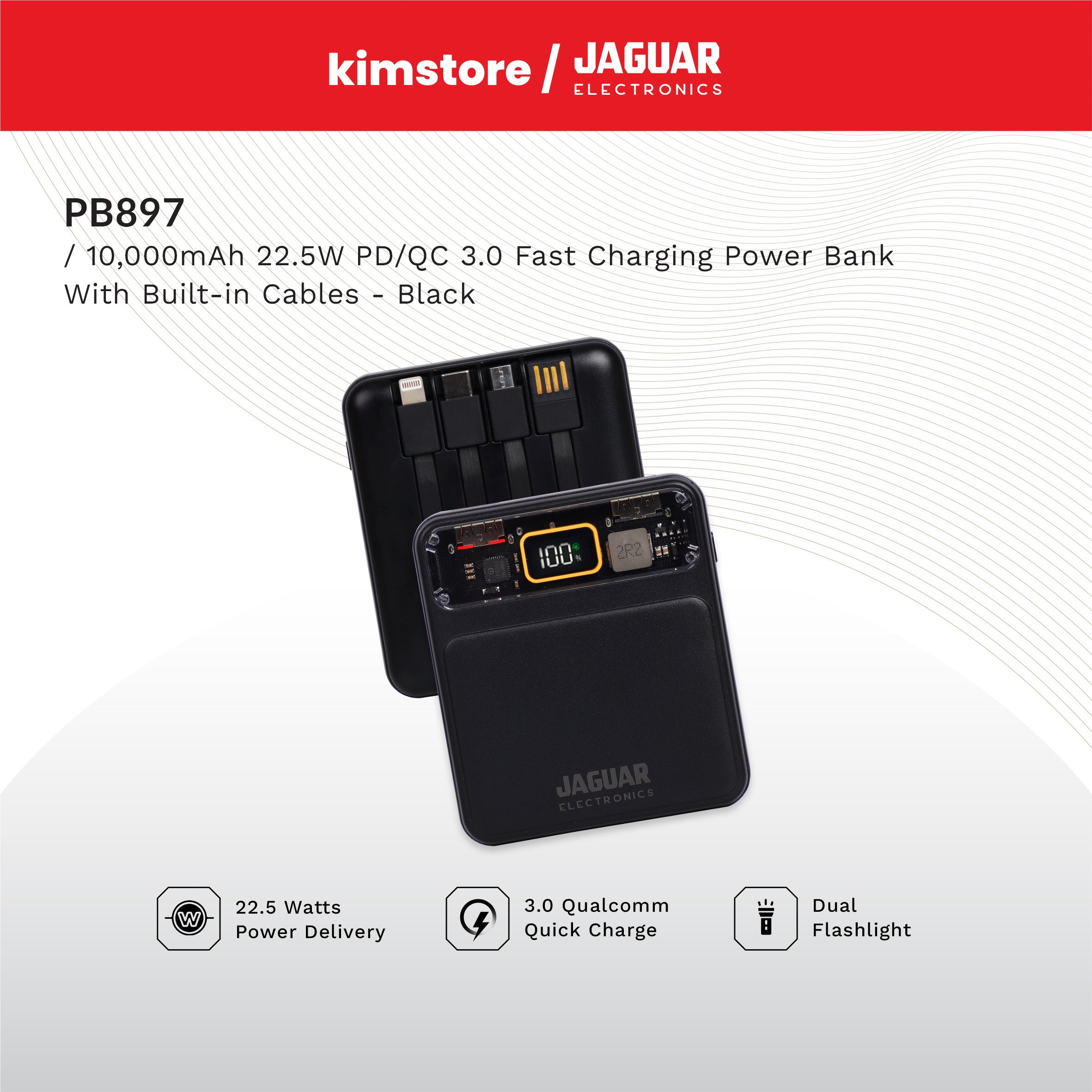 Jaguar Electronics PB897 10000mAh 22.5W PD/QC 3.0 Fast Charging Power Bank With Built-in Cables