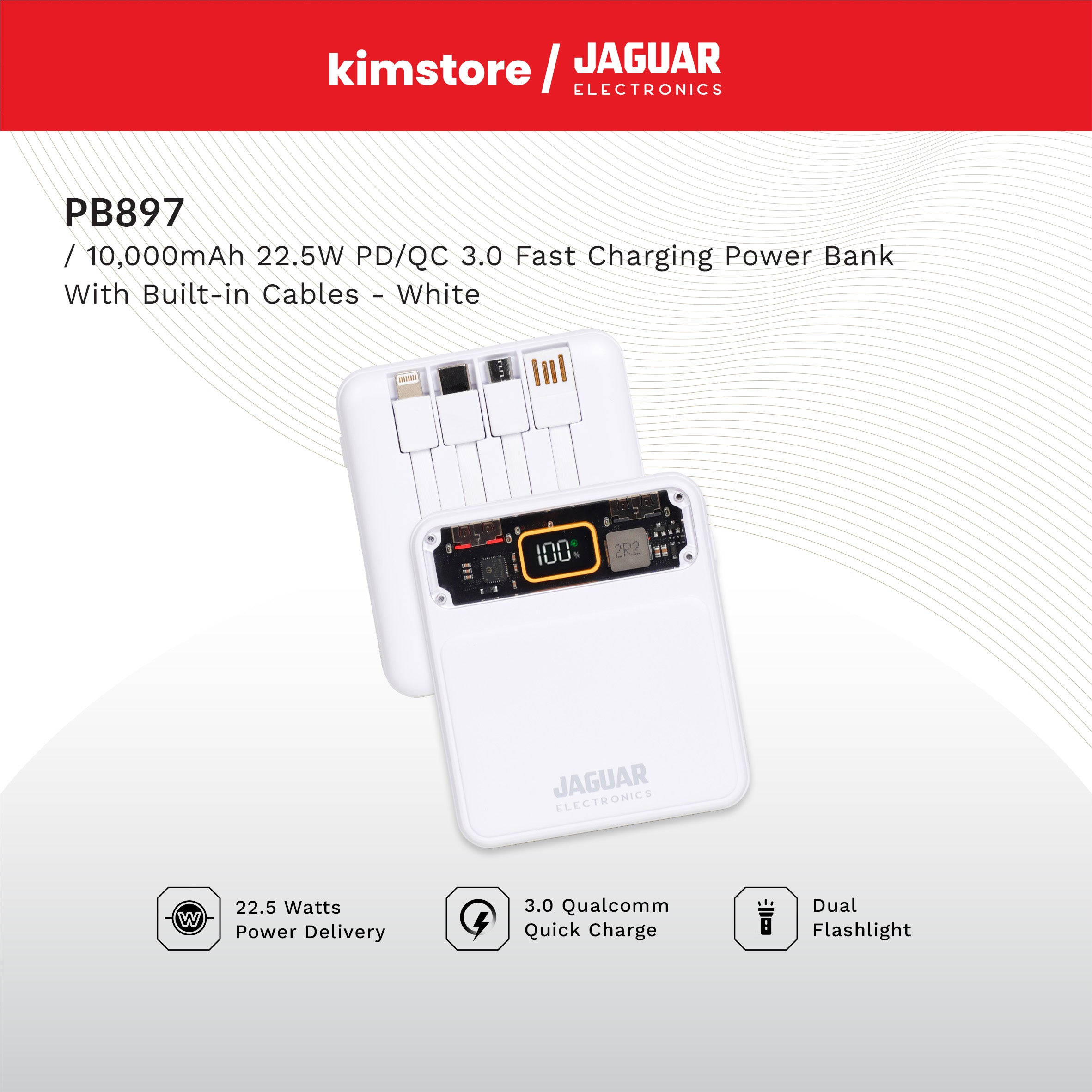 Jaguar Electronics PB897 10000mAh 22.5W PD/QC 3.0 Fast Charging Power Bank With Built-in Cables