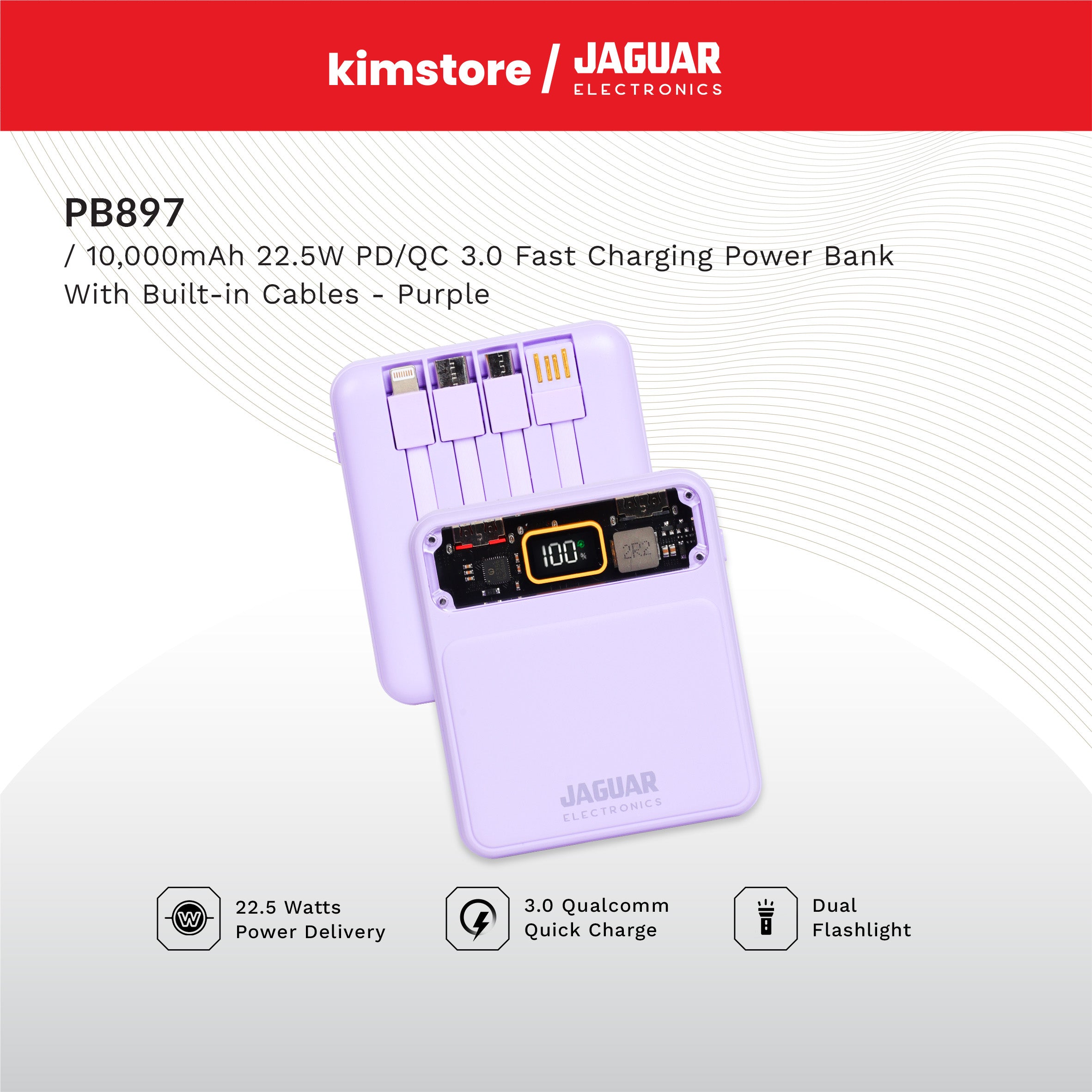 Jaguar Electronics PB897 10000mAh 22.5W PD/QC 3.0 Fast Charging Power Bank With Built-in Cables