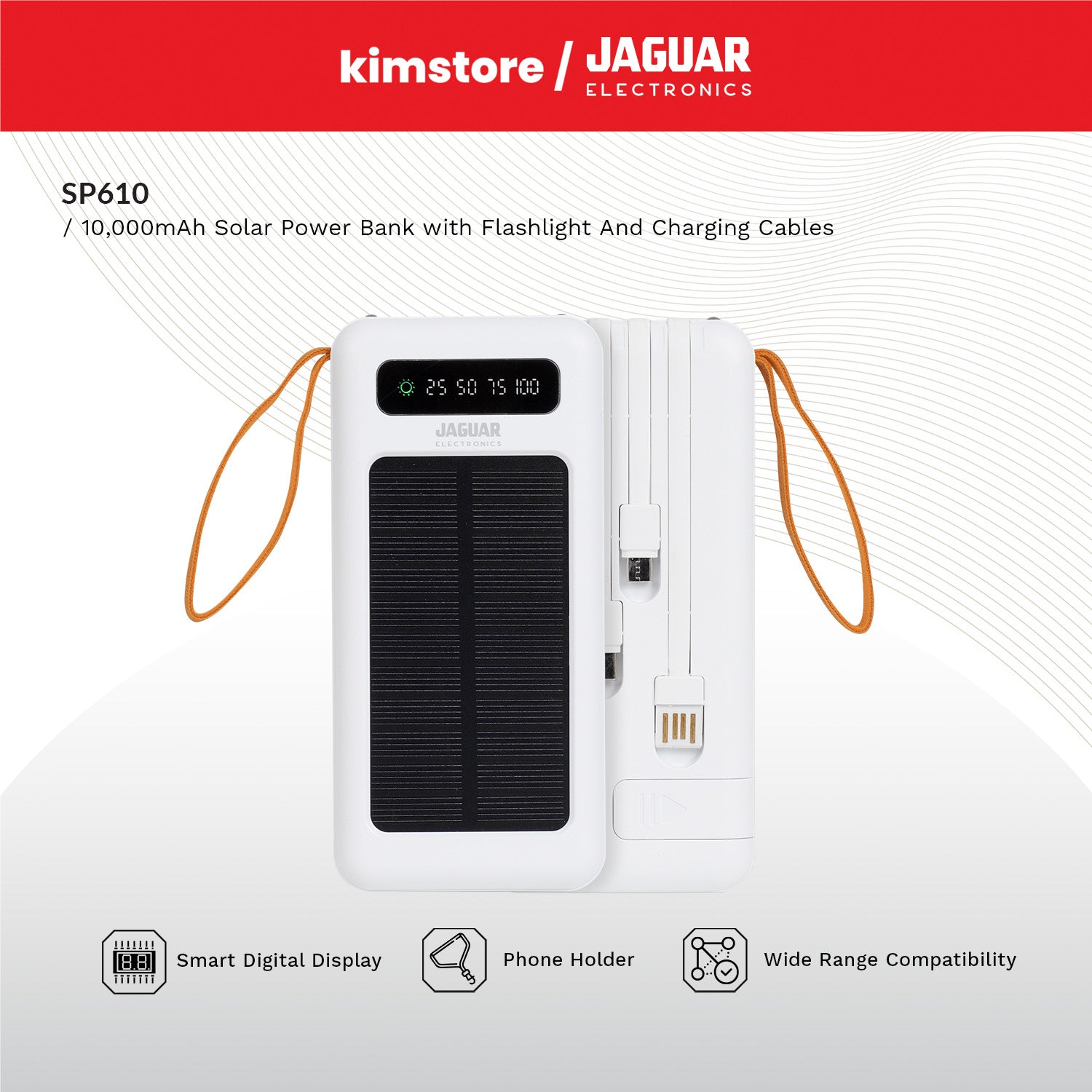 Jaguar Electronics SP610 10000mAh Solar Power Bank With Flashlight and Charging Cables