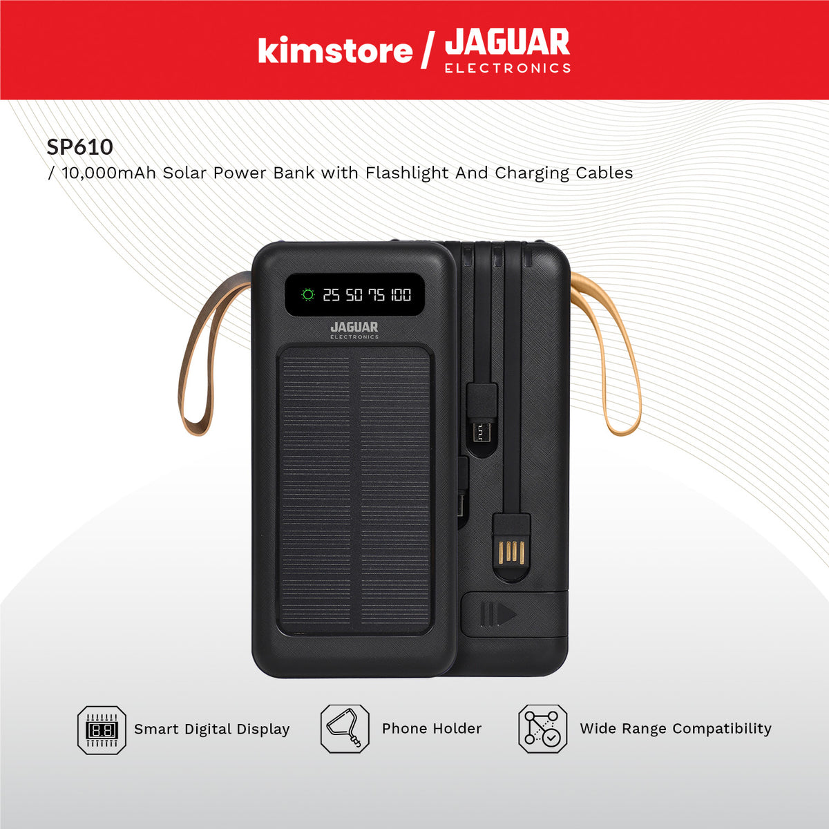 Jaguar Electronics SP610 10000mAh Solar Power Bank With Flashlight and Charging Cables