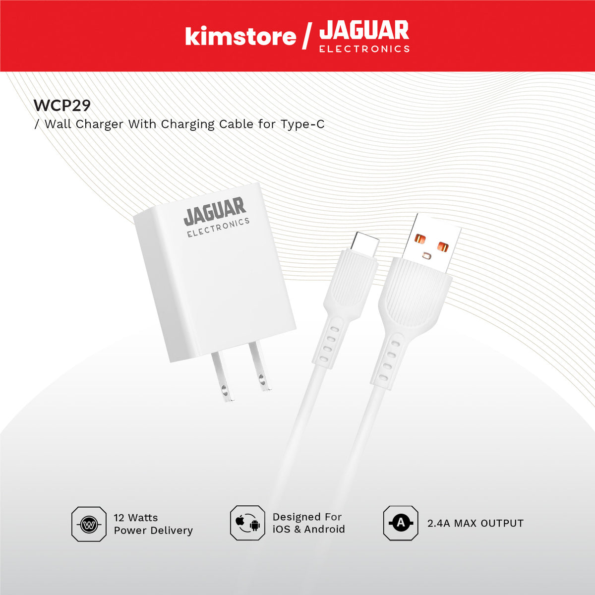 [OPEN BOX] Jaguar Electronics WCP29 2.4A Wall Charger with Charging Cable - white