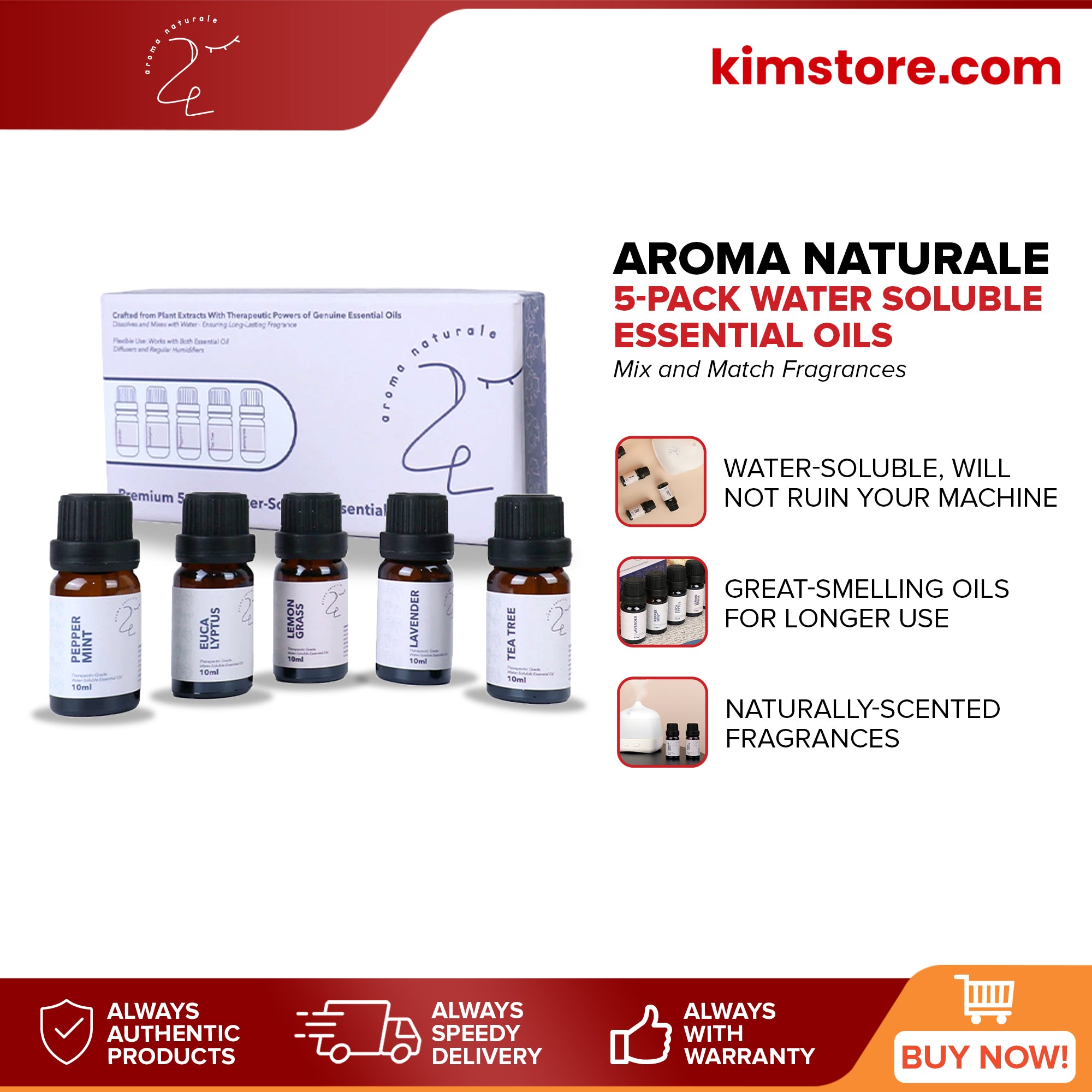 [OPEN BOX] Aroma Naturale 5-Pack Water-Soluble Essential Oils for Air Freshener Humidifier Aromatherapy