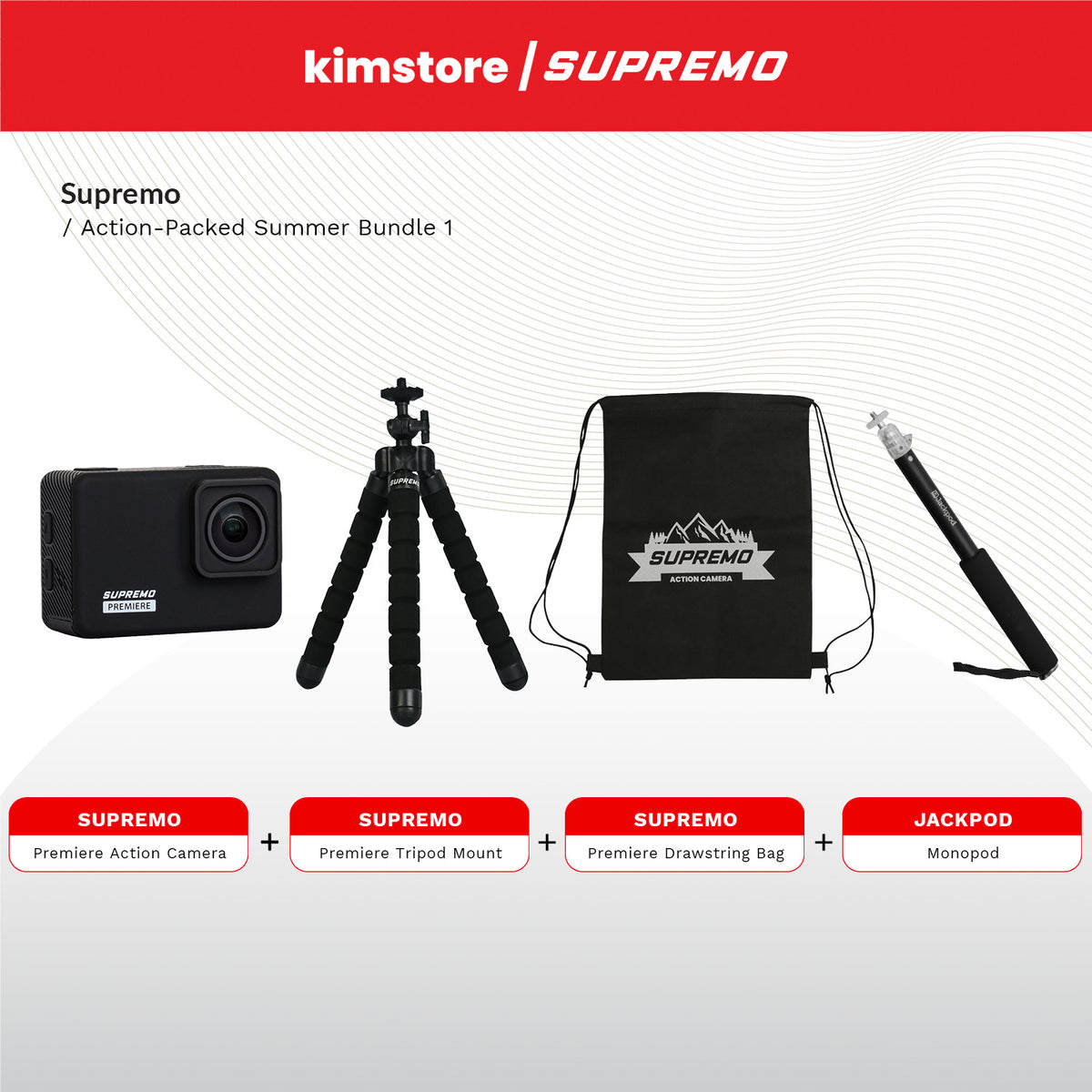 BUNDLE: Supremo Premiere Action Camera + Tripod Mount + Drawstring Bag + Jackpod Monopod