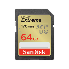 SanDisk Extreme SDXC, SDXV2 64GB, V30, U3, C10, UHS-I, 170MB/s R, 80MB/s W Lifetime Limited